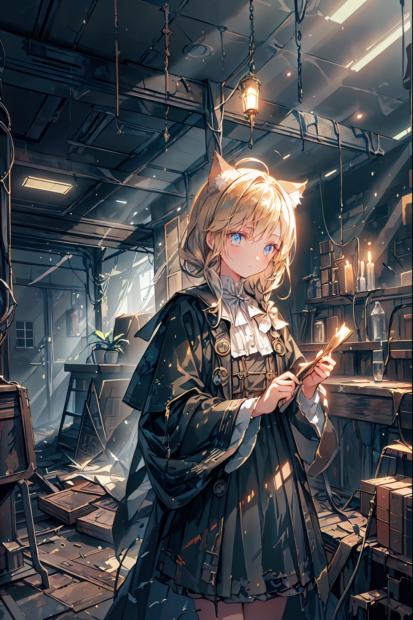 brown hair,Shortcut,unkempt hair,Short braided hair,Neat,slender beauty,correct posture,small breasted,Beautiful legs,Her enchanting gray-blue eyes with decayed books shine like stars,Saggy Eyes,bright colors,beautiful eyes,Cat ears,Delicate sad smile,sad,Textured Skin,best quality,gentle and beautiful woman,anime style、Explore ruins,Stepping Into Decaying Remains and Beyond、巨大なtowerが見える,tower,the roof is peeling,Holding a decayed book,scattered rubble with decayed books,meteor、空から降り注ぐmeteor、無数のmeteor群,What You See Is a Desolate Interior,dark atmosphere,Abandoned Buildings,slanted wall ,broken glass,Overgrown Plants, doodle,Decayed Furniture ,Traces of a Nostalgic Past, Spooky Shadows , sex,Dusty Floors,Rusted Metal,Desperate Atmosphere,High Ceilings,Cracked Tiles,A Space Where Silence Reigns,Walls That Make You Feel Time,Traces of Lost Time,Mysterious Charm,Realistic,4K hi-res,Extreme precision,Professional Illustration,REALISTIC TEXTURE,Battle for Survival,Dark Fantasy,Cinematic Lighting