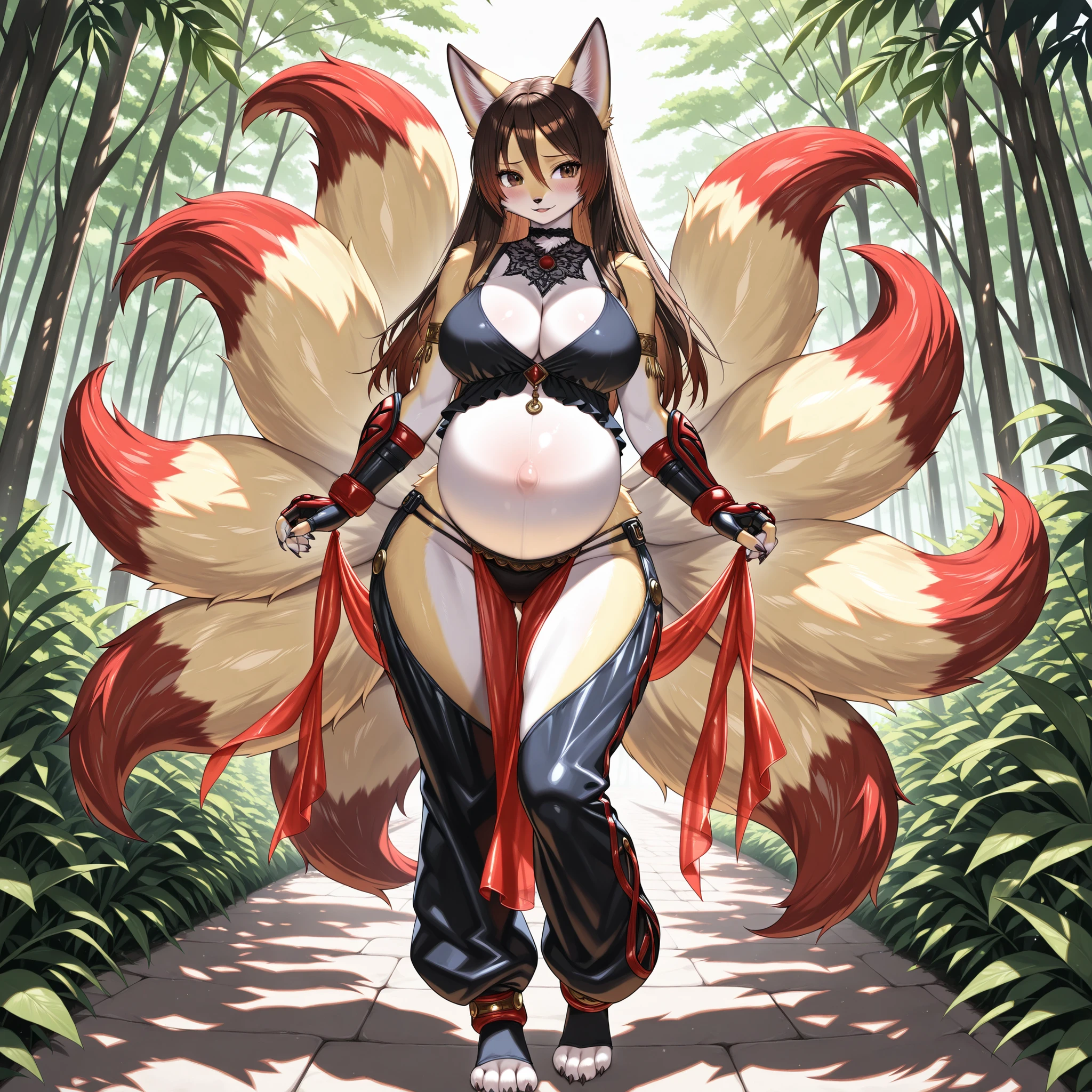 (1girl, solo, nine-tailed mutt girl, furry, kemono, Fluffy fur, coloured fur, two tone fur, brown hair, long hair, hair between eyes, brown eyes, big breasts, cleavage, navel, pregnant, wide hips, fighter outfit, dancer fighter, former blouse, panties, pelvic curtain, high thigh harem chaps, very baggy oversized chaps, toeless socks, barefoot, fingerless gloves, fighter gloves, standing, posing, happy, shy, stylish, graceful, sexy, cute, full body, beautiful environment, gothicstyle, moe, tekken, gothic aesthetic, scenery, masterpiece, best quality)