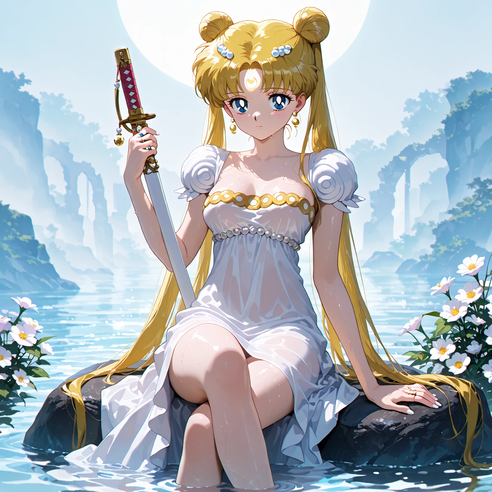 masterpiece, amazing quality, best quality, ultra-detailed, 8K, illustration, clear skin, ultra-detailed-eyes, soft skin, very awa, very as2, soft body, 1990s \(style\), official art, solo, usagi tsukino, blonde hair, blue eyes, double bun, hair bun, long hair, twintails, parted bangs, forehead mark,  medium breasts, solo,weapon, white sword, sheath, holding sheath, jewelry, sitting on rock,  flower, blunt bangs, earrings, looking at viewer, white dress, dress, crossed legs, ring, water,  fingernails, white theme, closed mouth, white nails, partially submerged, chromatic aberration, detailed lighting, (from below)