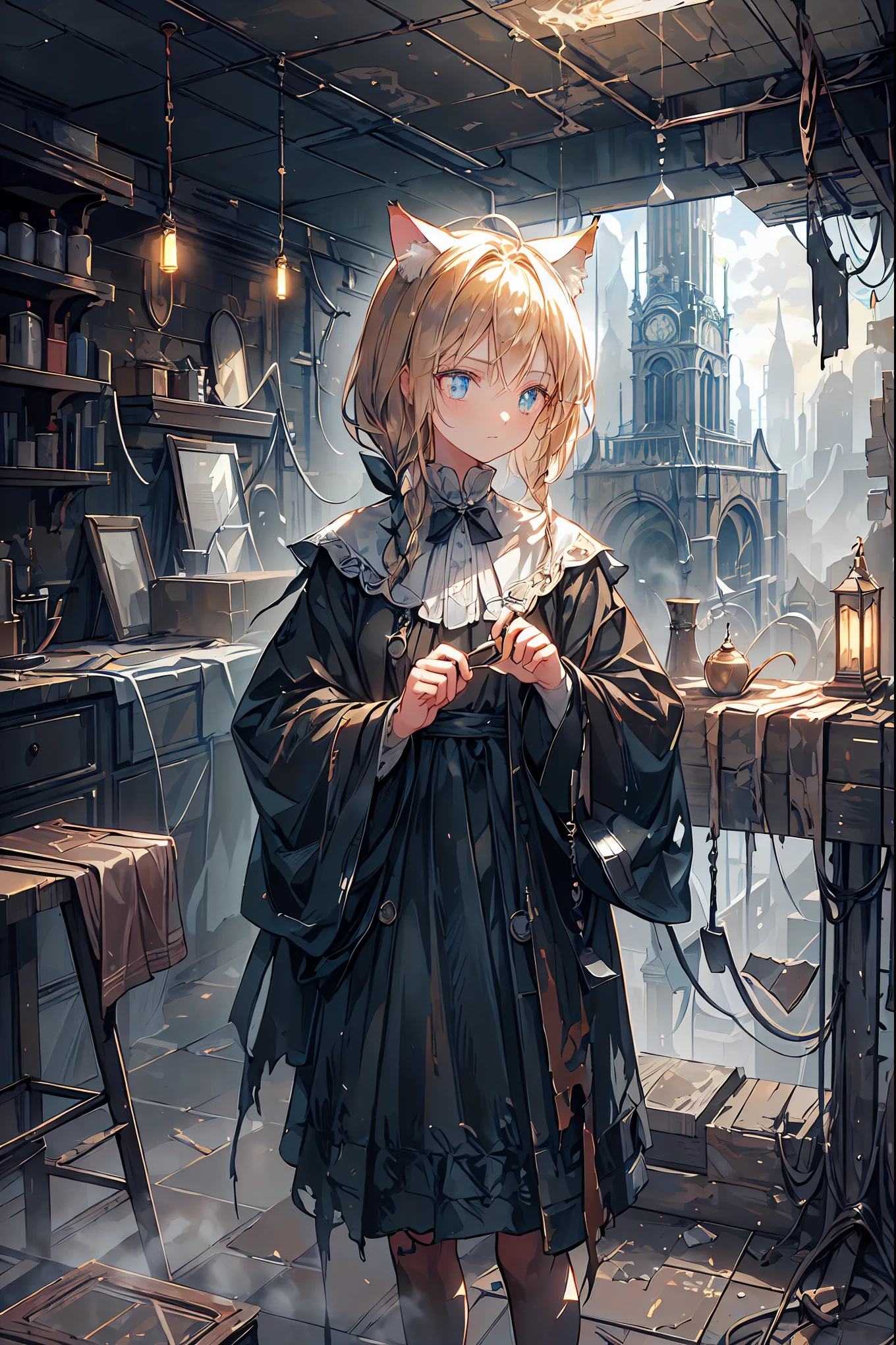 ((masterpiece)), ((Highest Quality)), ((Highest Quality)), ((super detailed)), ((8k CG wallpaper)), ((is very delicate and beautiful)), ((figure)), (high resolution),brown hair,Shortcut,unkempt hair,Short braided hair,Neat,slender beauty,correct posture,small breasted,Beautiful legs,Her enchanting gray-blue eyes with decayed books shine like stars,Saggy Eyes,bright colors,beautiful eyes,Cat ears,Delicate sad smile,sad,Textured Skin,best quality,gentle and beautiful woman,anime style、Explore ruins,Stepping Into Decaying Remains and Beyond、巨大なtowerが見える,tower,the roof is peeling,Holding a decayed book,scattered rubble with decayed books,meteor、空から降り注ぐmeteor、無数のmeteor群,What You See Is a Desolate Interior,dark atmosphere,Abandoned Buildings,slanted wall ,broken glass,Overgrown Plants, doodle,Decayed Furniture ,Traces of a Nostalgic Past, Spooky Shadows , sex,Dusty Floors,Rusted Metal,Desperate Atmosphere,High Ceilings,Cracked Tiles,A Space Where Silence Reigns,Walls That Make You Feel Time,Traces of Lost Time,Mysterious Charm,Realistic,4K hi-res,Extreme precision,Professional Illustration,REALISTIC TEXTURE,Battle for Survival,Dark Fantasy,Cinematic Lighting