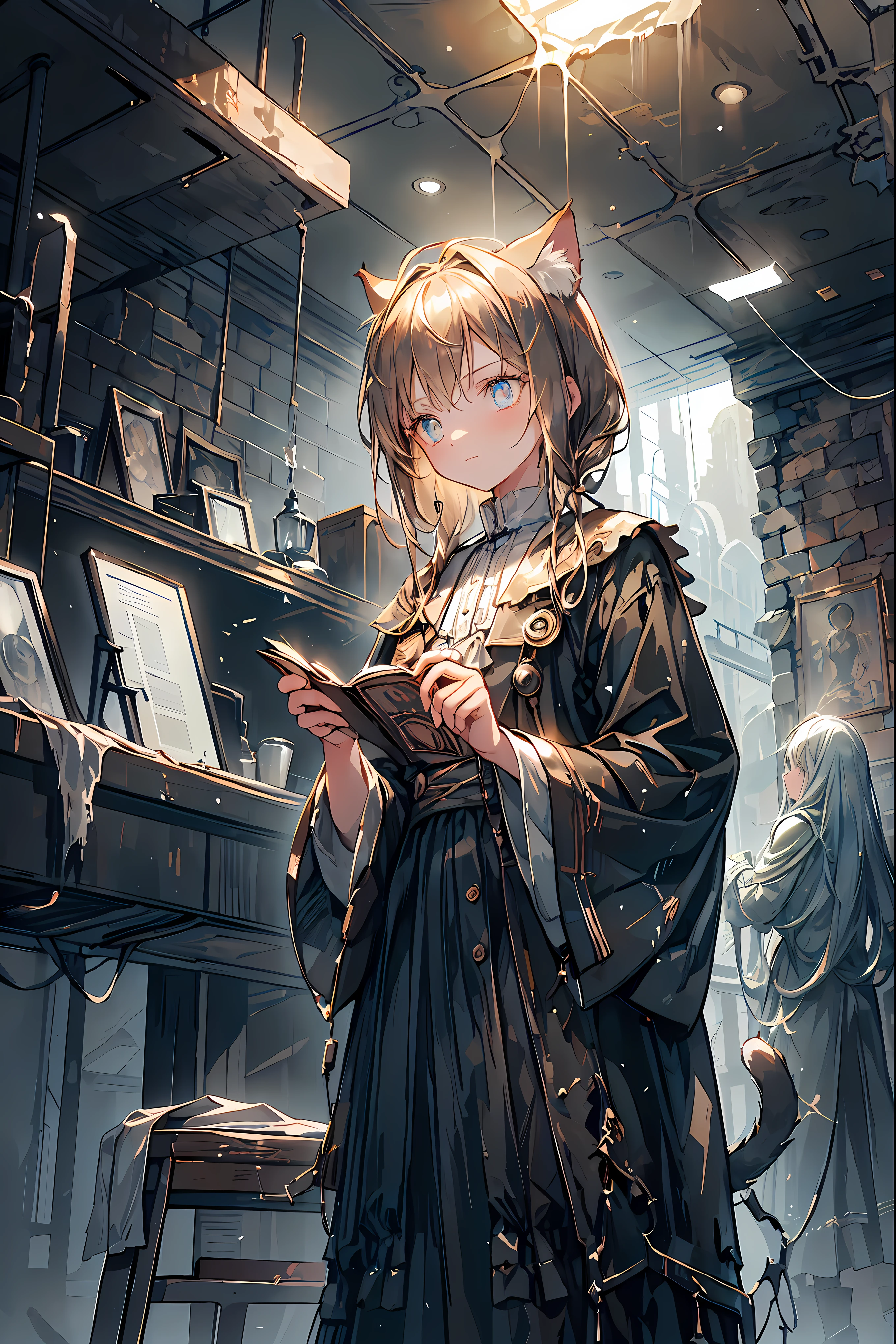 ((masterpiece)), ((Highest Quality)), ((Highest Quality)), ((super detailed)), ((8k CG wallpaper)), ((is very delicate and beautiful)), ((figure)), (high resolution),brown hair,Shortcut,unkempt hair,Short braided hair,Neat,slender beauty,correct posture,small breasted,Beautiful legs,Her enchanting gray-blue eyes with decayed books shine like stars,Saggy Eyes,bright colors,beautiful eyes,Cat ears,Delicate sad smile,sad,Textured Skin,best quality,gentle and beautiful woman,anime style、Explore ruins,Stepping Into Decaying Remains and Beyond、巨大なtowerが見える,tower,the roof is peeling,Holding a decayed book,scattered rubble with decayed books,meteor、空から降り注ぐmeteor、無数のmeteor群,What You See Is a Desolate Interior,dark atmosphere,Abandoned Buildings,slanted wall ,broken glass,Overgrown Plants, doodle,Decayed Furniture ,Traces of a Nostalgic Past, Spooky Shadows , sex,Dusty Floors,Rusted Metal,Desperate Atmosphere,High Ceilings,Cracked Tiles,A Space Where Silence Reigns,Walls That Make You Feel Time,Traces of Lost Time,Mysterious Charm,Realistic,4K hi-res,Extreme precision,Professional Illustration,REALISTIC TEXTURE,Battle for Survival,Dark Fantasy,Cinematic Lighting