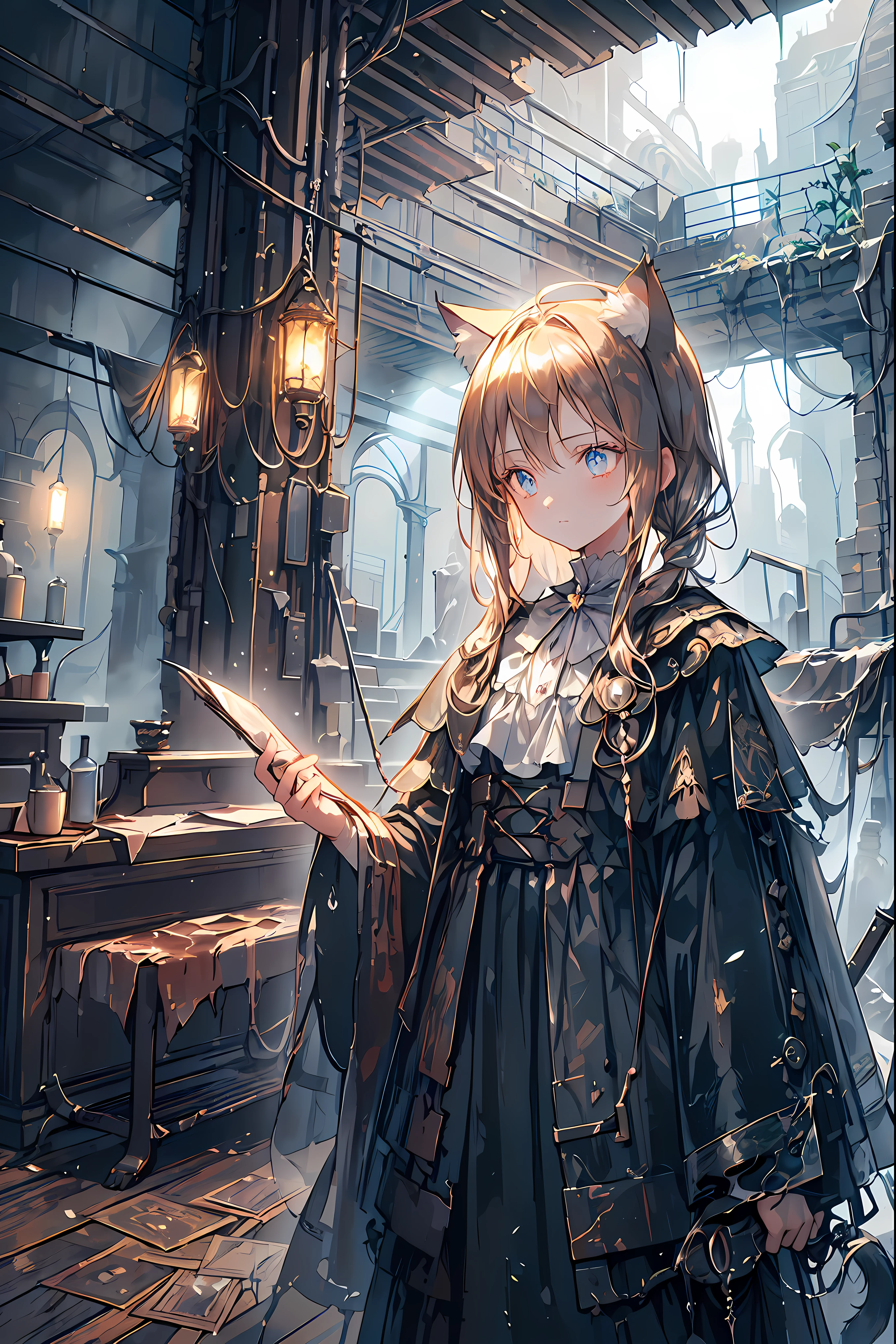 ((masterpiece)), ((Highest Quality)), ((Highest Quality)), ((super detailed)), ((8k CG wallpaper)), ((is very delicate and beautiful)), ((figure)), (high resolution),brown hair,Shortcut,unkempt hair,Short braided hair,Neat,slender beauty,correct posture,small breasted,Beautiful legs,Her enchanting gray-blue eyes with decayed books shine like stars,Saggy Eyes,bright colors,beautiful eyes,Cat ears,Delicate sad smile,sad,Textured Skin,best quality,gentle and beautiful woman,anime style、Explore ruins,Stepping Into Decaying Remains and Beyond、巨大なtowerが見える,tower,the roof is peeling,Holding a decayed book,scattered rubble with decayed books,meteor、空から降り注ぐmeteor、無数のmeteor群,What You See Is a Desolate Interior,dark atmosphere,Abandoned Buildings,slanted wall ,broken glass,Overgrown Plants, doodle,Decayed Furniture ,Traces of a Nostalgic Past, Spooky Shadows , sex,Dusty Floors,Rusted Metal,Desperate Atmosphere,High Ceilings,Cracked Tiles,A Space Where Silence Reigns,Walls That Make You Feel Time,Traces of Lost Time,Mysterious Charm,Realistic,4K hi-res,Extreme precision,Professional Illustration,REALISTIC TEXTURE,Battle for Survival,Dark Fantasy,Cinematic Lighting