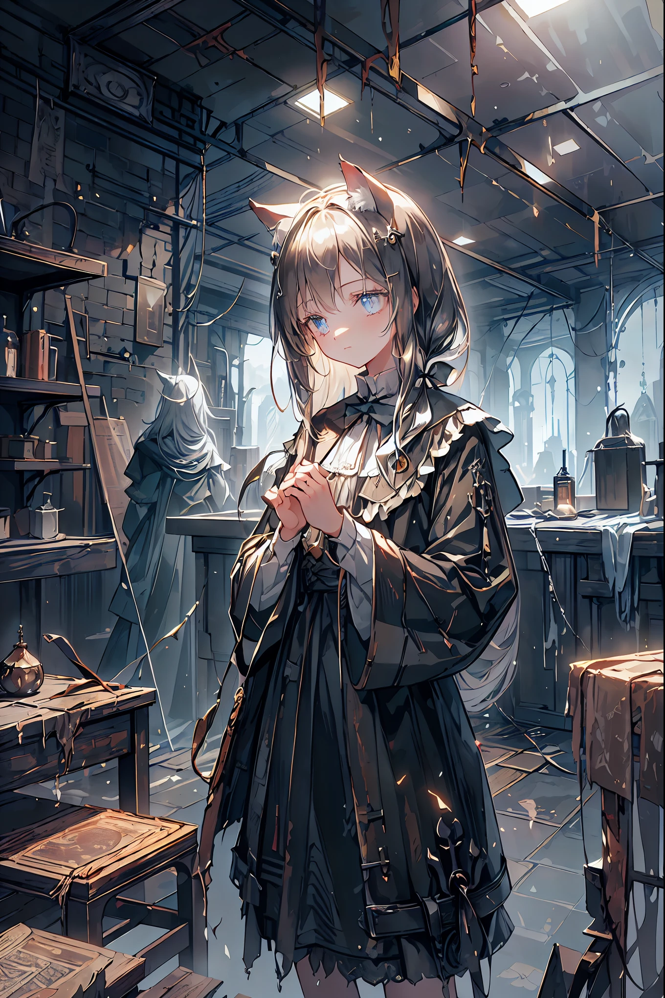 ((masterpiece)), ((Highest Quality)), ((Highest Quality)), ((super detailed)), ((8k CG wallpaper)), ((非常にThinningで美しい)), ((figure)), (high resolution),dark haired,Shortcut,unkempt hair,Short braided hair,Neat,slender beauty,correct posture,small breasted,Beautiful legs,Her enchanting gray-blue eyes with decayed books shine like stars,Saggy Eyes,bright colors,beautiful eyes,Cat ears,Thinning,Sad Smile,sad,Textured Skin,best quality,gentle and beautiful woman,anime style、Explore ruins,Stepping Into Decaying Remains and Beyond、The huge tower is visible,towers rising,the roof is peeling,Holding a decayed book,scattered rubble with decayed books,meteor、空から降り注ぐmeteor、無数のmeteor群,What You See Is a Desolate Interior,dark atmosphere,Abandoned Buildings,slanted wall ,broken glass,Overgrown Plants, doodle,Decayed Furniture ,Traces of a Nostalgic Past, Spooky Shadows , sex,Dusty Floors,Rusted Metal,Desperate Atmosphere,High Ceilings,Cracked Tiles,A Space Where Silence Reigns,Walls That Make You Feel Time,Traces of Lost Time,Mysterious Charm,Realistic,4K hi-res,Extreme precision,Professional Illustration,REALISTIC TEXTURE,Battle for Survival,Dark Fantasy,Cinematic Lighting