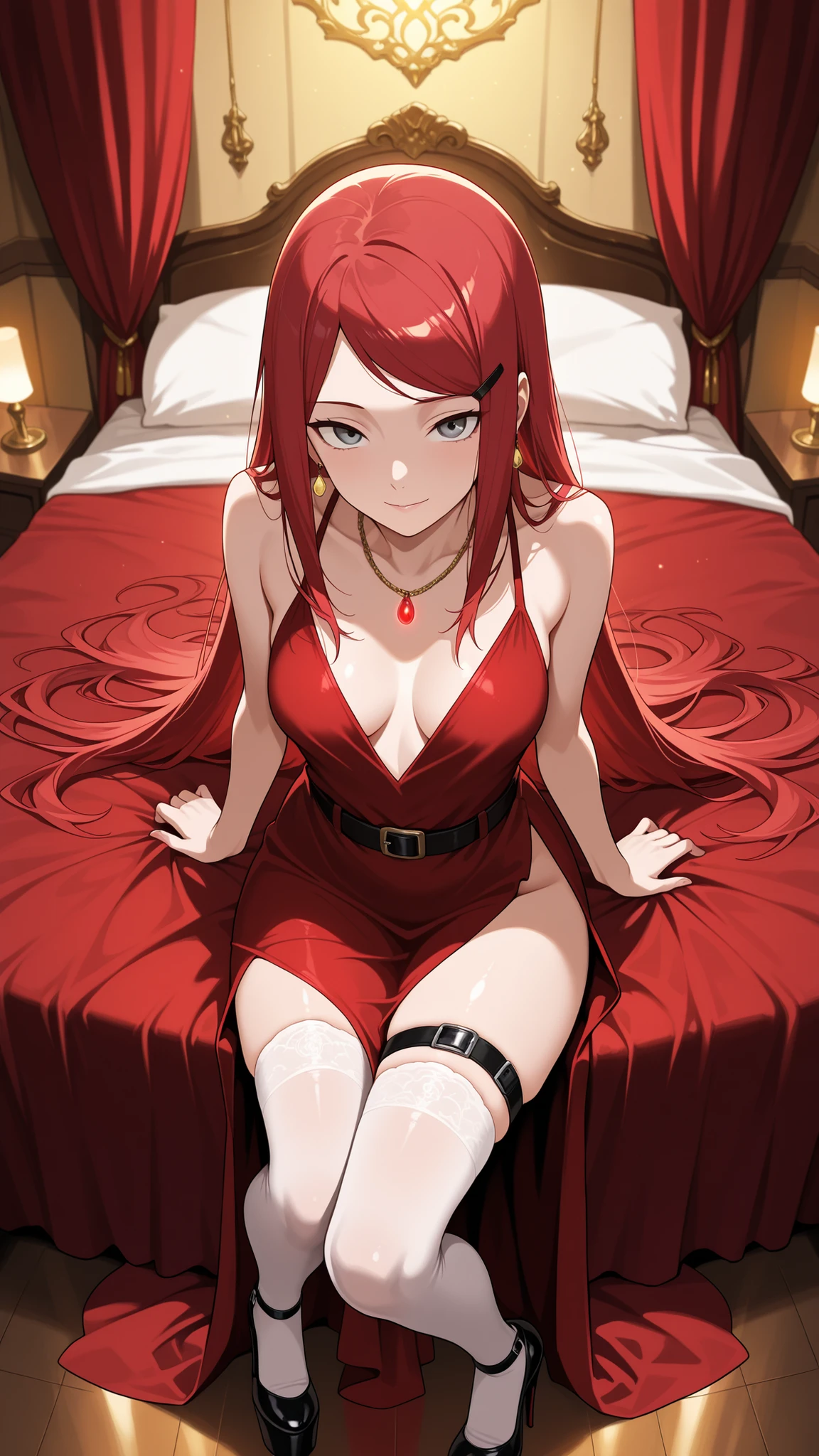 BREAK (masterpiece:1.2), Luxurious erotic room, deep red and crimson velvet curtains, dim candlelight glowing softly, large bed with silk sheets and canopy, golden mirrors reflecting sensual atmosphere, soft shadows, romantic decadent vibe, cinematic composition, ultra-detailed interior, 8K masterpiece digital painting.no people, kushina, long hair, hair ornament, red hair, hairclip, grey eyes, swept bangs, medium breasts,sexy red dress,long dress,black belt,jawerly,earrings,necklace,side slit,leg strap,,looking at viewer,cowboy shot,wide-angel,seductive expression,seductive pose,floating hair,white thighhighs,leg strap,sitting in a squatting pose, sensual curves emphasized,alluring gaze, detailed body, soft warm lighting, intimate atmosphere, ultra realistic, 4k,sexy platform heels,from above,