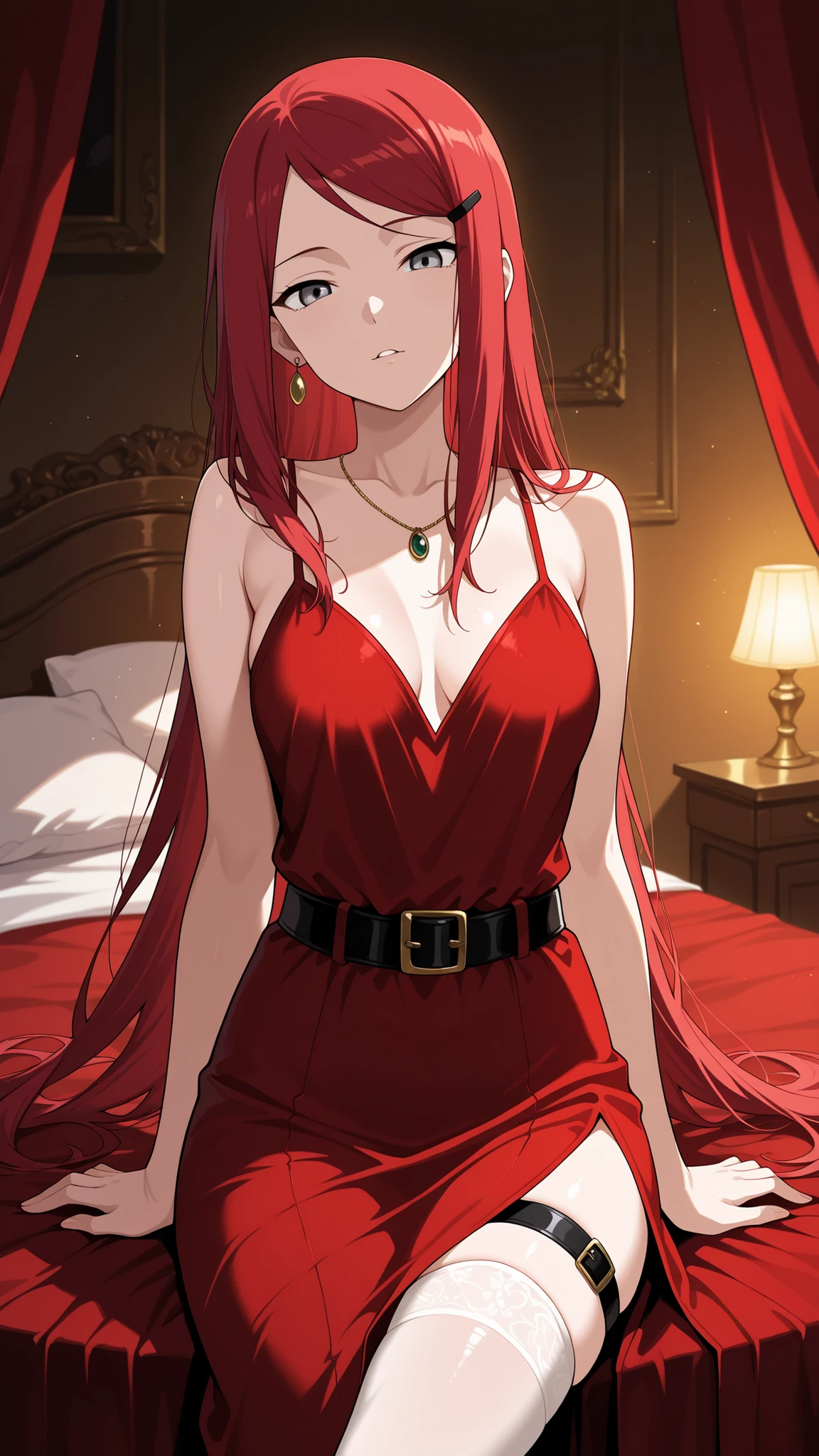 BREAK (masterpiece:1.2), Luxurious erotic room, deep red and crimson velvet curtains, dim candlelight glowing softly, large bed with silk sheets and canopy, golden mirrors reflecting sensual atmosphere, soft shadows, romantic decadent vibe, cinematic composition, ultra-detailed interior, 8K masterpiece digital painting.no people, kushina, long hair, hair ornament, red hair, hairclip, grey eyes, swept bangs, medium breasts,sexy red dress,long dress,black belt,jawerly,earrings,necklace,side slit,leg strap,,looking at viewer,cowboy shot,wide-angel,seductive expression,seductive pose,floating hair,white thighhighs,leg strap,sitting provocatively on a leather chair, dimly lit room, dramatic shadows, seductive pose, detailed textures, high realism, elegant yet suggestive mood, 4k illustration