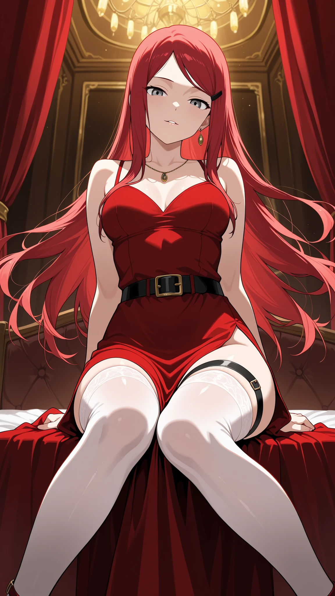 BREAK (masterpiece:1.2), Luxurious erotic room, deep red and crimson velvet curtains, dim candlelight glowing softly, large bed with silk sheets and canopy, golden mirrors reflecting sensual atmosphere, soft shadows, romantic decadent vibe, cinematic composition, ultra-detailed interior, 8K masterpiece digital painting.no people, kushina, long hair, hair ornament, red hair, hairclip, grey eyes, swept bangs, medium breasts,sexy red dress,long dress,black belt,jawerly,earrings,necklace,side slit,leg strap,,looking at viewer,cowboy shot,wide-angel,seductive expression,seductive pose,floating hair,white thighhighs,leg strap,sitting provocatively on a leather chair, dimly lit room, dramatic shadows, seductive pose, detailed textures, high realism, elegant yet suggestive mood, 4k illustration,sexy platform heels,from below,