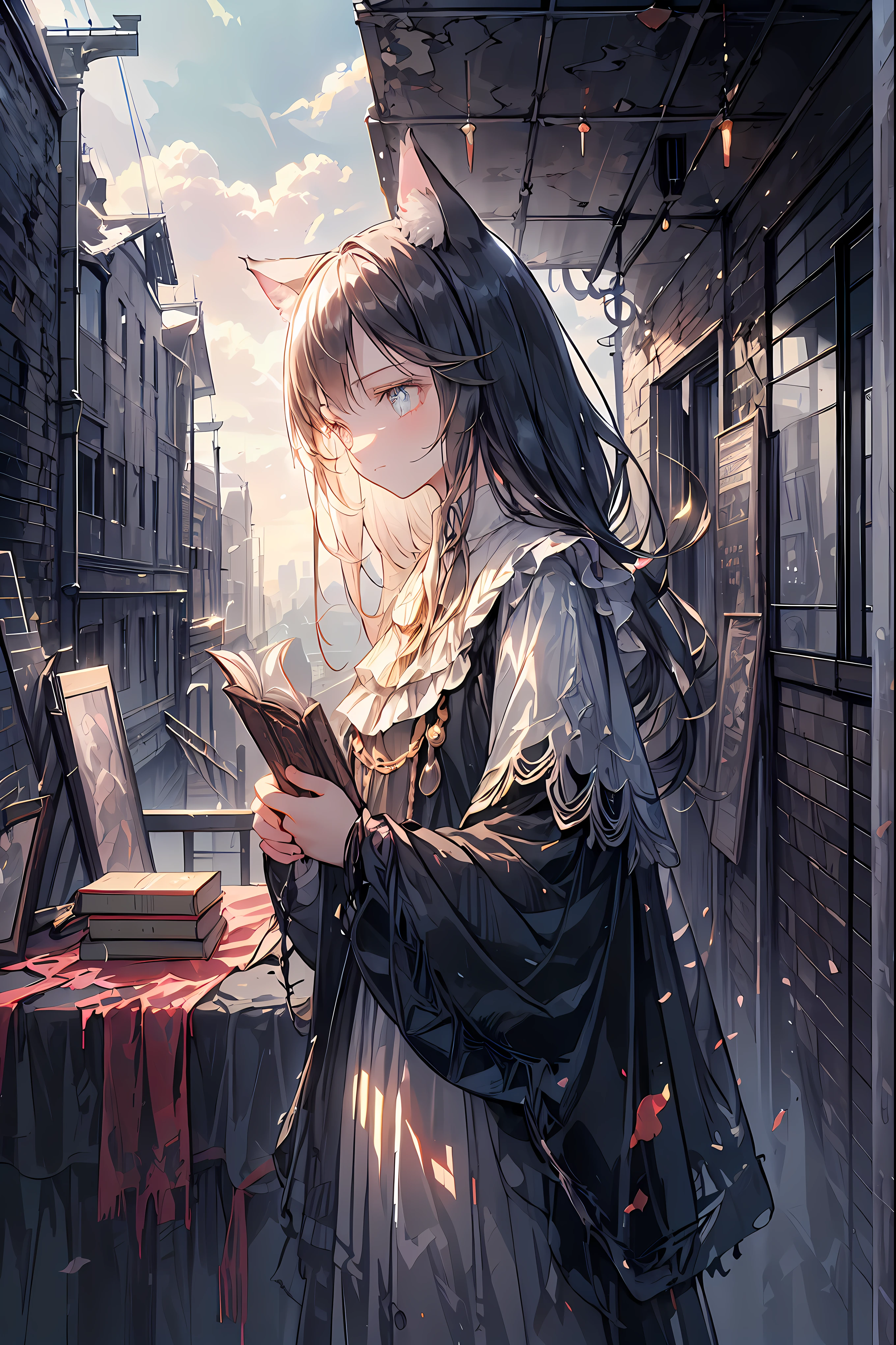 ((masterpiece)), ((Highest Quality)), ((Highest Quality)), ((super detailed)), ((8k CG wallpaper)), ((非常にThinningで美しい)), ((figure)), (high resolution),dark haired,Shortcut,unkempt hair,Short braided hair,Neat,slender beauty,correct posture,small breasted,Beautiful legs,Her enchanting gray-blue eyes with decayed books shine like stars,Saggy Eyes,bright colors,beautiful eyes,Cat ears,Thinning,Sad Smile,sad,Textured Skin,best quality,gentle and beautiful woman,anime style、Explore ruins,Stepping Into Decaying Remains and Beyond、The huge tower is visible,The turbulent tower,roof is peeling,Holding a decayed book,scattered rubble with decayed books,meteor、空から降り注ぐmeteor、無数のmeteor群,What You See Is a Desolate Interior,dark atmosphere,Abandoned Buildings,slanted wall ,broken glass,Overgrown Plants, doodle,Decayed Furniture ,Traces of a Nostalgic Past, Spooky Shadows , sex,Dusty Floors,Rusted Metal,Desperate Atmosphere,High Ceilings,Cracked Tiles,A Space Where Silence Reigns,Walls That Make You Feel Time,Traces of Lost Time,Mysterious Charm,Realistic,4K hi-res,Extreme precision,Professional Illustration,REALISTIC TEXTURE,Battle for Survival,Dark Fantasy,Cinematic Lighting,Dramatic Angles, Golden Hour Lighting