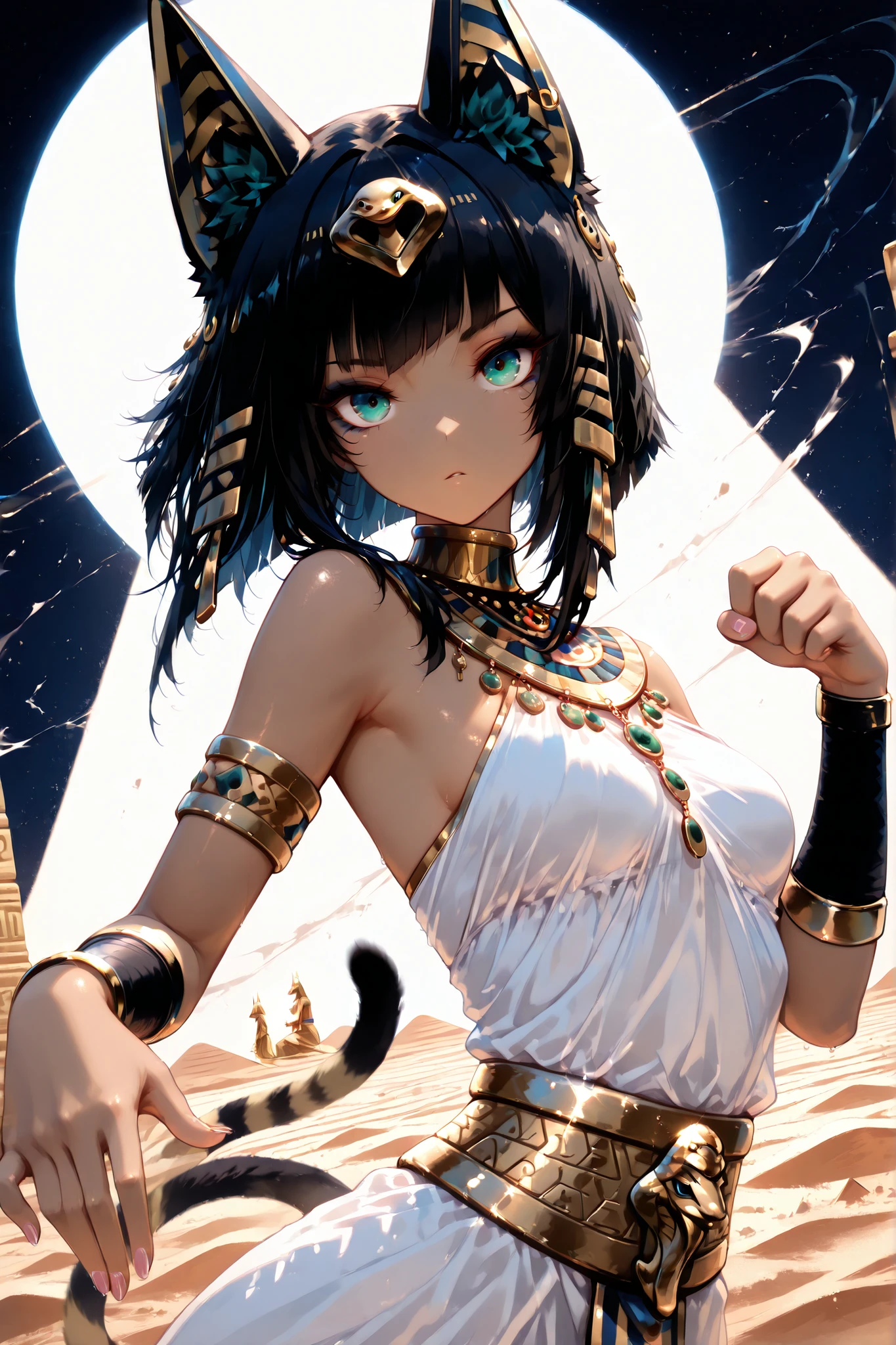 masterpiece, highest quality,
((19 years old)) girl,((Bastet in Egyptian mythology)),
Egyptian God, Egyptian Mythology, Egyptian Costume, Egyptian Gold Accessories, Mayan Clothing,
blown asymmetrical hair, completely straight,
, blown cat ear, blown cat tail,
(small breasts), Desert, Aesthetics, Beautiful Image, lens flare, (faint light), portrait, Dutch angle, Dynamic motion, ((night)), ((looking a viewer)), Dynamic lighting, ((dancing violently)),raise both hands,