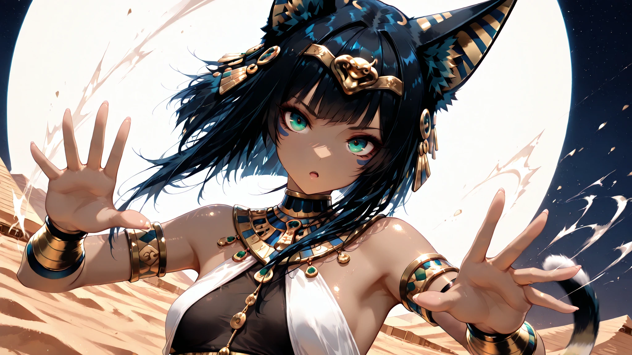 masterpiece, highest quality,
((19 years old)) girl,((Bastet in Egyptian mythology)),

 Egyptian God, Egyptian Mythology, Egyptian Costume, Egyptian Gold Accessories, Mayan Clothing, 
blown asymmetrical hair, completely straight,
, blown cat ear, blown cat tail,
(small breasts), Desert, Aesthetics, Beautiful Image, lens flare,  (faint light), portrait, Dutch angle, Dynamic motion, ((night)), ((looking a viewer)), Dynamic lighting, ((dancing violently)),raise both hands, 