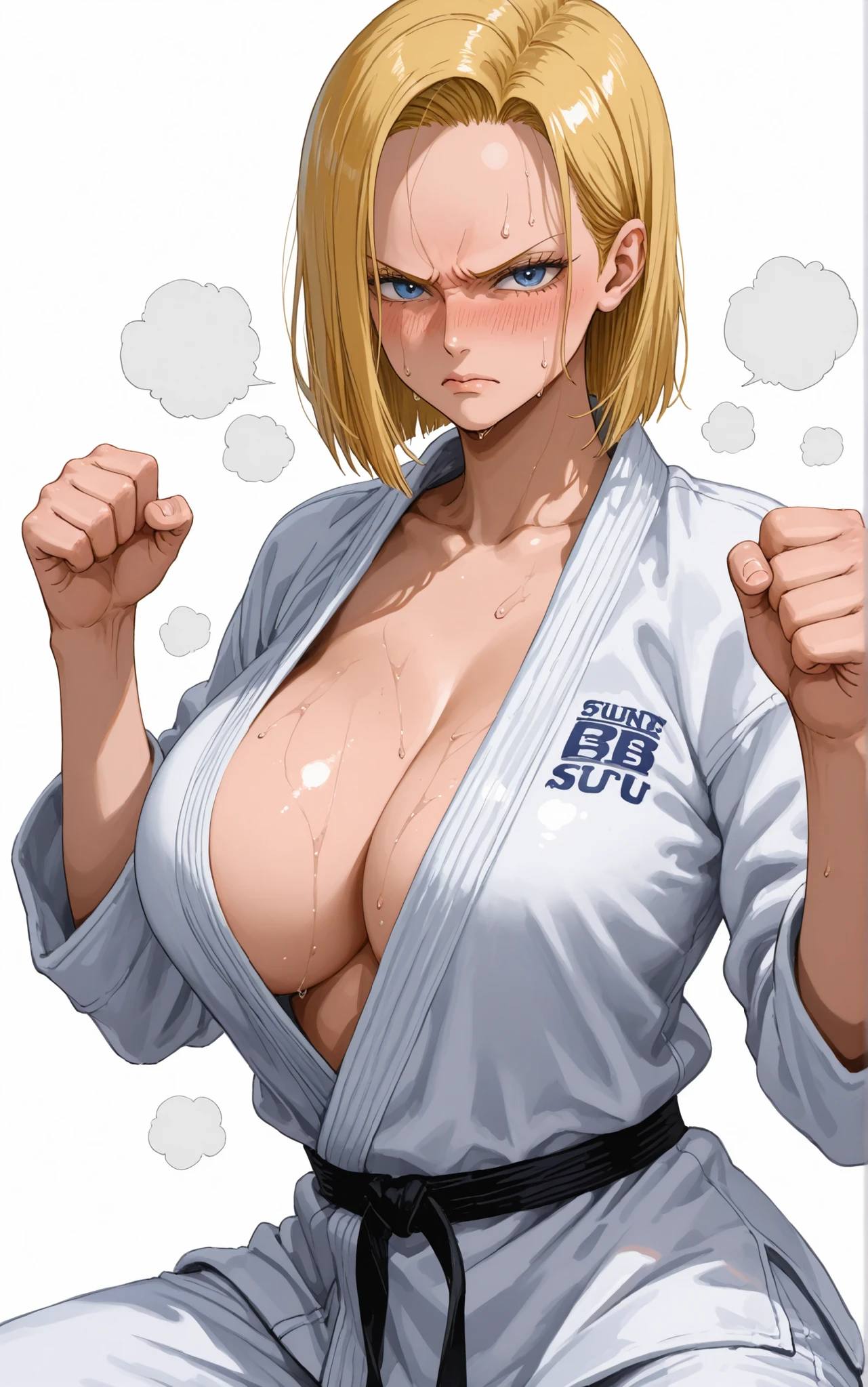 black belt,judo uniform,judo,onepiecestyle,(masterpiece, detailed:1.2)、solos、only one person、beautiful woman、big boobs、sexy、android 18、Android18、Judo、Black Belt、sweat、Steam、white background、embarrassed expression、angry、Battle Stance