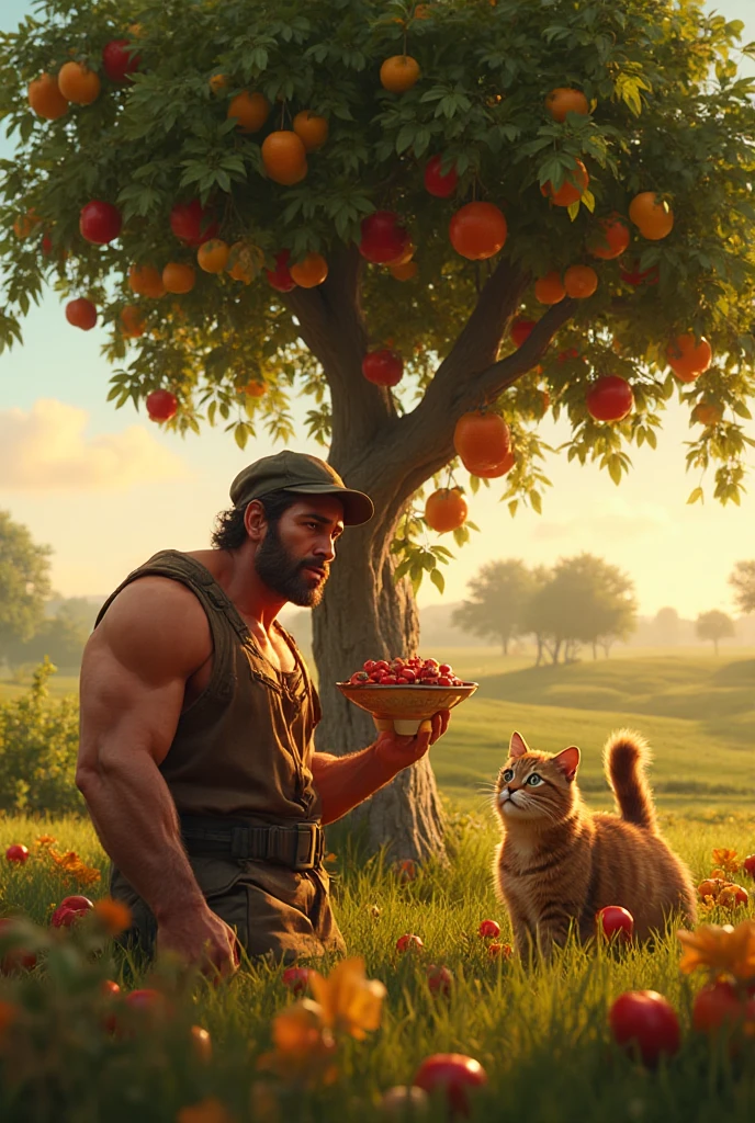 8k , masterpiece,  solo man, 1man show only ,  dark blond hair ,a dark blond  beard well groomed ,a dark blond chest hair , stephen amell  wearing( glasses,  and hairy chest ,(dark green short ),(dark green shoes) , 3 ginger cats sitting near him,  ,in a park,  sitting on a tablecloth spread on the green grass, near him a picnic basket full of food, high well detailed face,detailed fingers ,detailed body parts,  focus, happy smile, happy cats, heart-warming scene of lot of cuddling , seen from the front to side