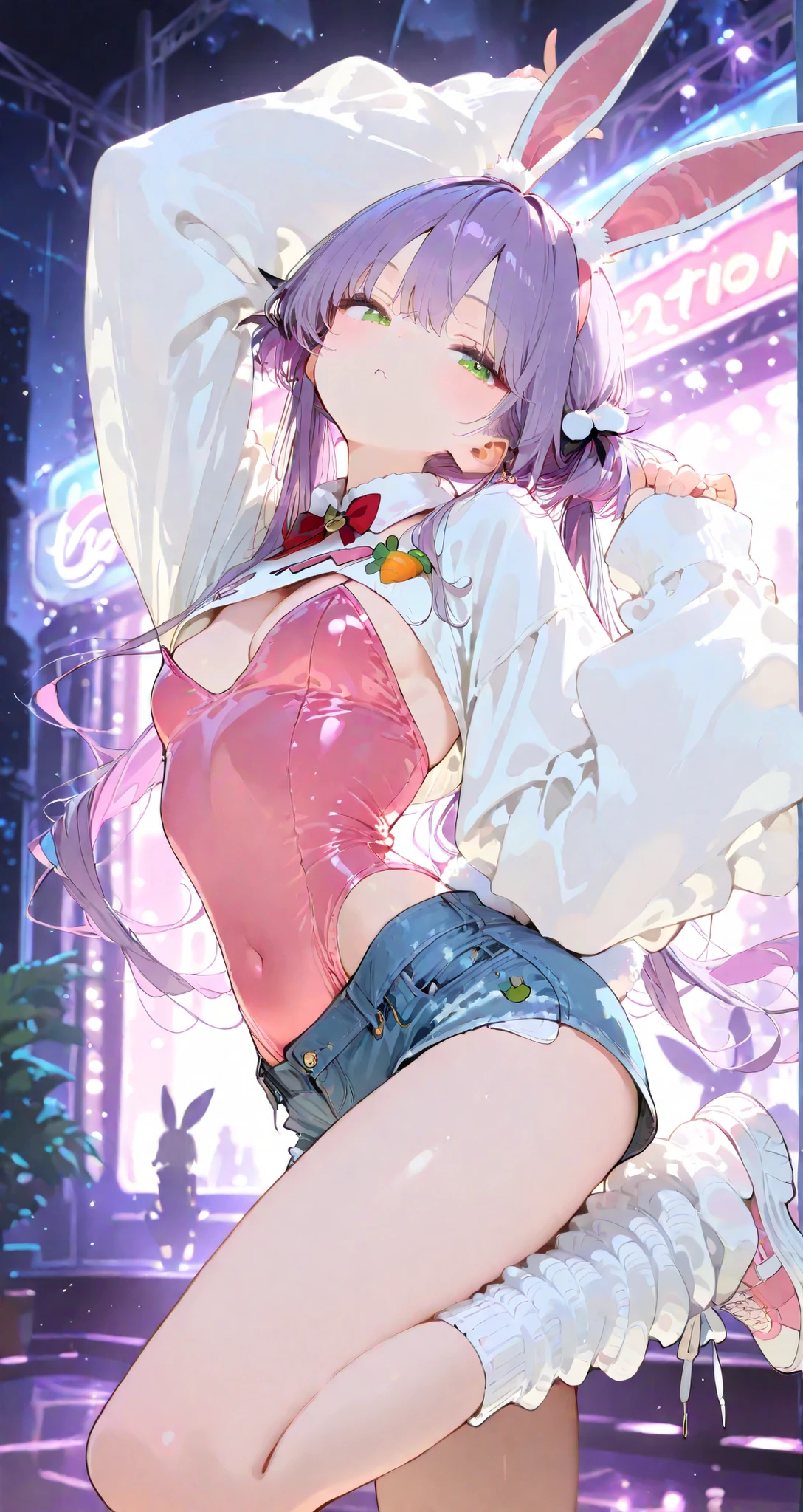 high resolution, masterpiece, best quality, perfect , full body, looking at viewer, 10 years old, (( face)), (flat ), see through, (sweat), arms behind back, Japanese girl, pale skin, show off , 1girl, (pole dancing:1.2), ((squatting)), , arms behind head, stage, (purple metallic bellydancer), , toddler body, baby face, from below, twin talis, realistic, beautiful face, clear eyes, magenta hair, detached sleeves, thighhighs, (awaiting tongue), trembling, church,