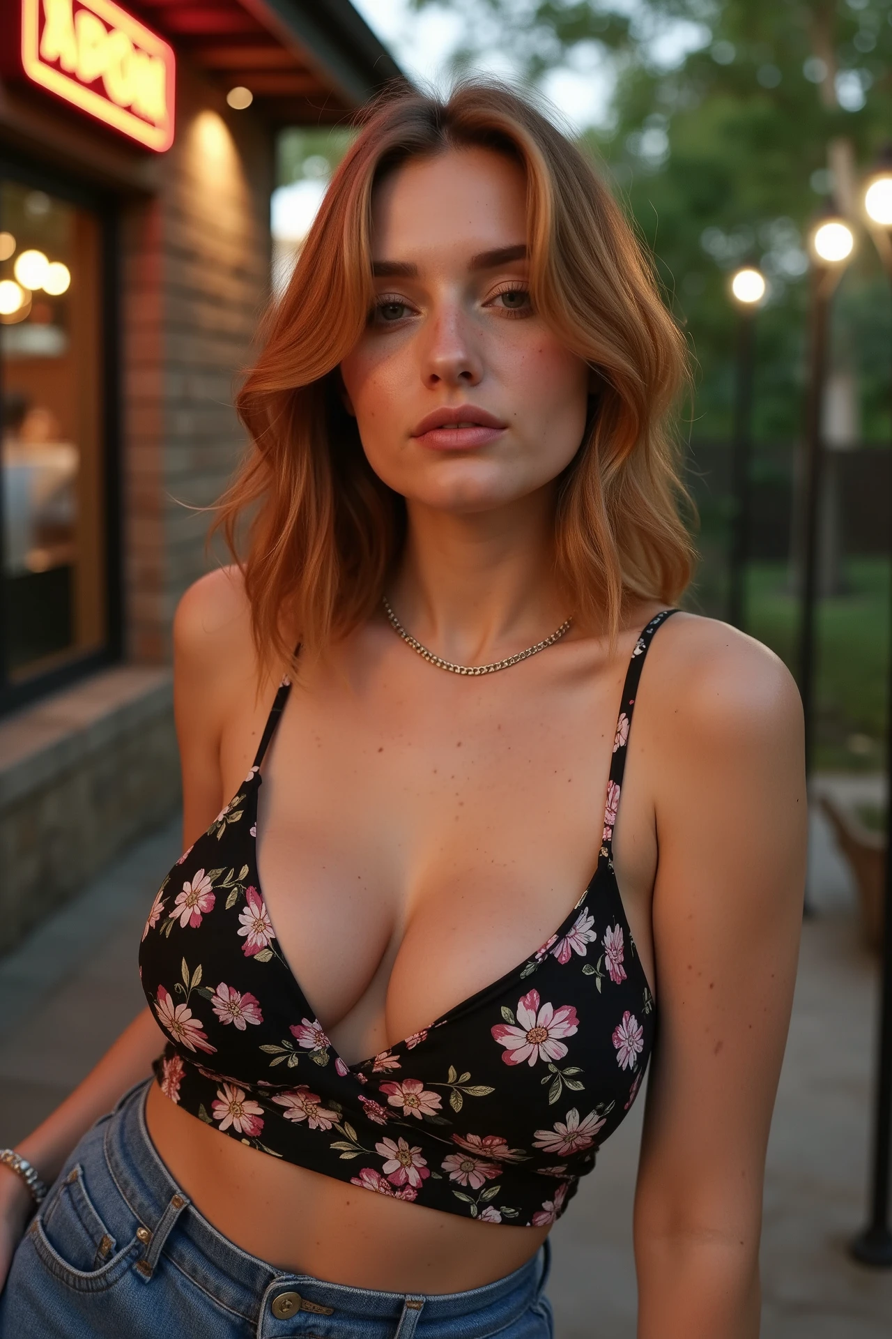Cinematic photo Angled photo of a natural and beautiful woman wearing a black floral dress and neckline. She is a natural redhead with a lot of freckles. She is on a patio, outdoor summer, Party atmosphere . . 35 mm photograph, movie, bokeh, professional, 4k, very detailed