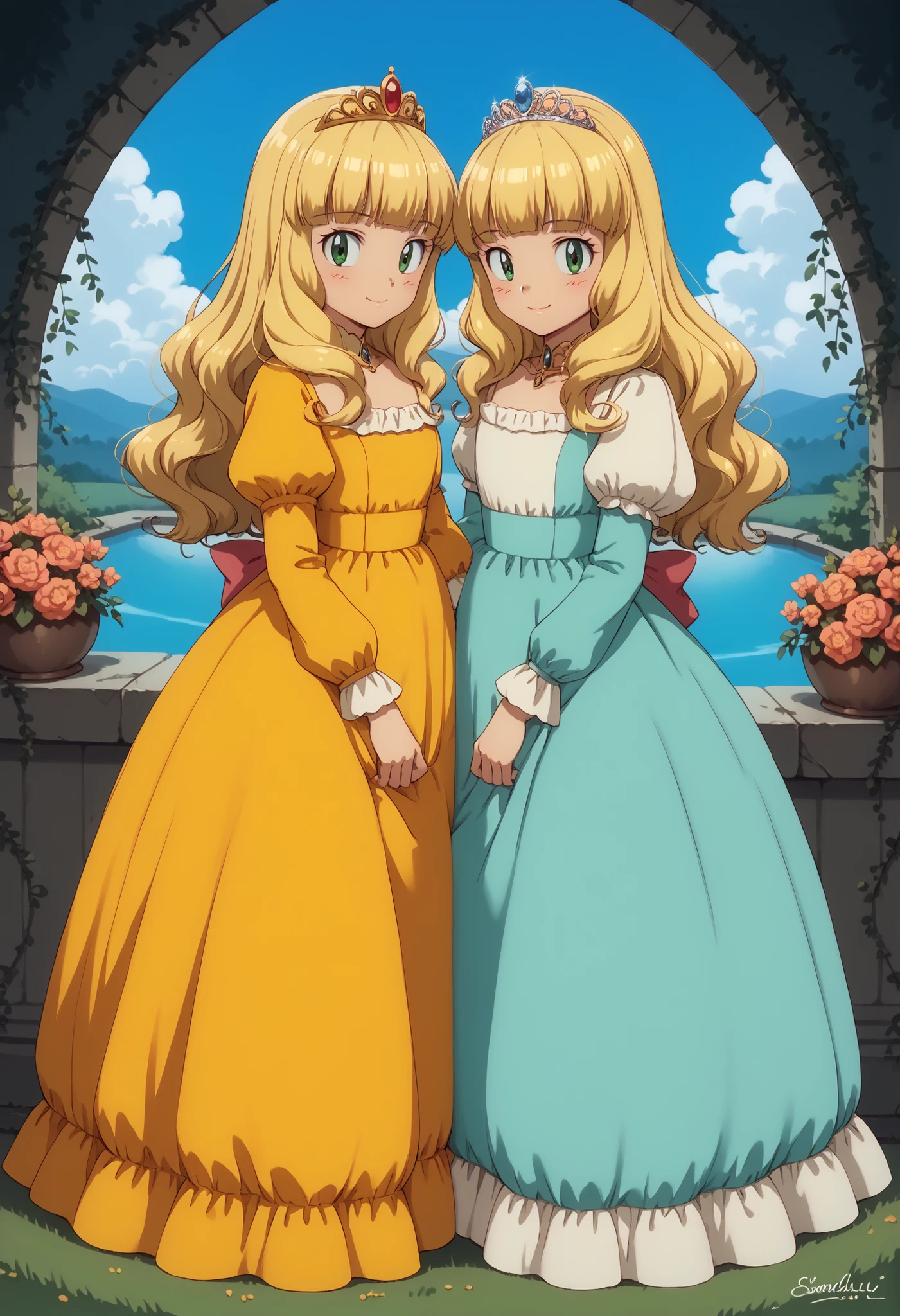 excellent quality ++ Extremely detailed high resolutionolution, very beautiful, Impressive Eyes, (((perfect face))), (((Symmetrical face))), ((((good anatomy)))), (((8k))), 超high resolution, HD wallpaper, (((high quality details, (((((1girl)))))),, Highest Quality, high resolution, highly detailed, ((((illustration)))), beautiful detailed eyes, ((((Full Body)))), (((Ashley Ketchum))),Cute Princess, she's smiling,((pink silk satin victorian style large ball gown dress.:1.0)),short,long sleeve,The dress is decorated with lots of ruffles and bows., have waist-length blonde wavy long hair,they wear a princess tiara on their heads,In a gorgeous European rococo palace,