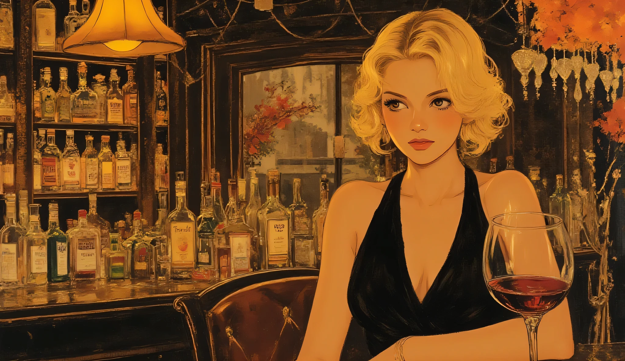 The theme is ambient music,A sophisticated blonde woman with short wavy hair styled in an elegant updo, wearing a black deep-neck dress, sitting alone at a dimly lit bar, warm golden ambient light from hanging lamps casting soft shadows, shelves of wine bottles and liquor behind her, a half-filled glass of red wine resting on the counter, the woman gazing pensively to the side with a calm yet mysterious expression, impressionistic painterly strokes with textured brushwork, moody atmosphere, cinematic noir tone, autumn night feeling, soft golden-brown and amber color palette, refined and atmospheric illustration style,The composition is in harmony and balance down to the details,synth feel, Japanese painting style, Chill Hop, synth vibe, synth , Modular synth synthesizer cables,vintage anime style, 16:9 cinematic composition, character occupies only 1/6 of the frame, placed in the lower middle following rule of thirds, wide negative space above and around, emphasis on background atmosphere