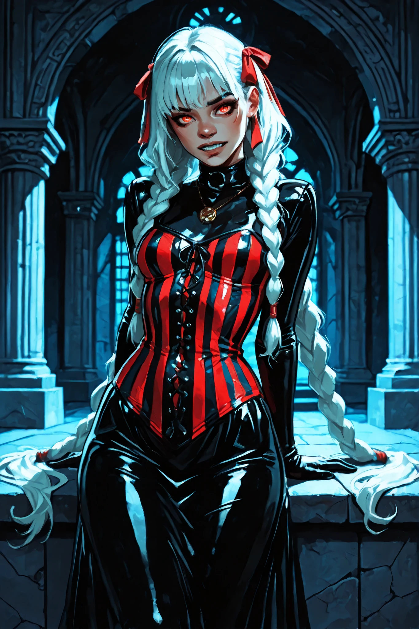 Drawn like the artist Bob Kehl. Phaedra from Fortnite with white and dark hair, deep red-coloured eyes, slanted big eyes, with sharp teeth, athletic body and abs. Darker skin colour. Slender and athletic. Cute, round and young face. White highlights in her hair. She wears Aztec black snake-leather dress with snakeskin-texture. She also wears an amber necklace. She has small . Atmospheric lighting. She looks like Wednesday Adams. Box-art. DnD-art-style, Looking at the viewer. Oil painting. Sepia filter. Less colour. Semi-realistic style. Background: medieval aztec ruin