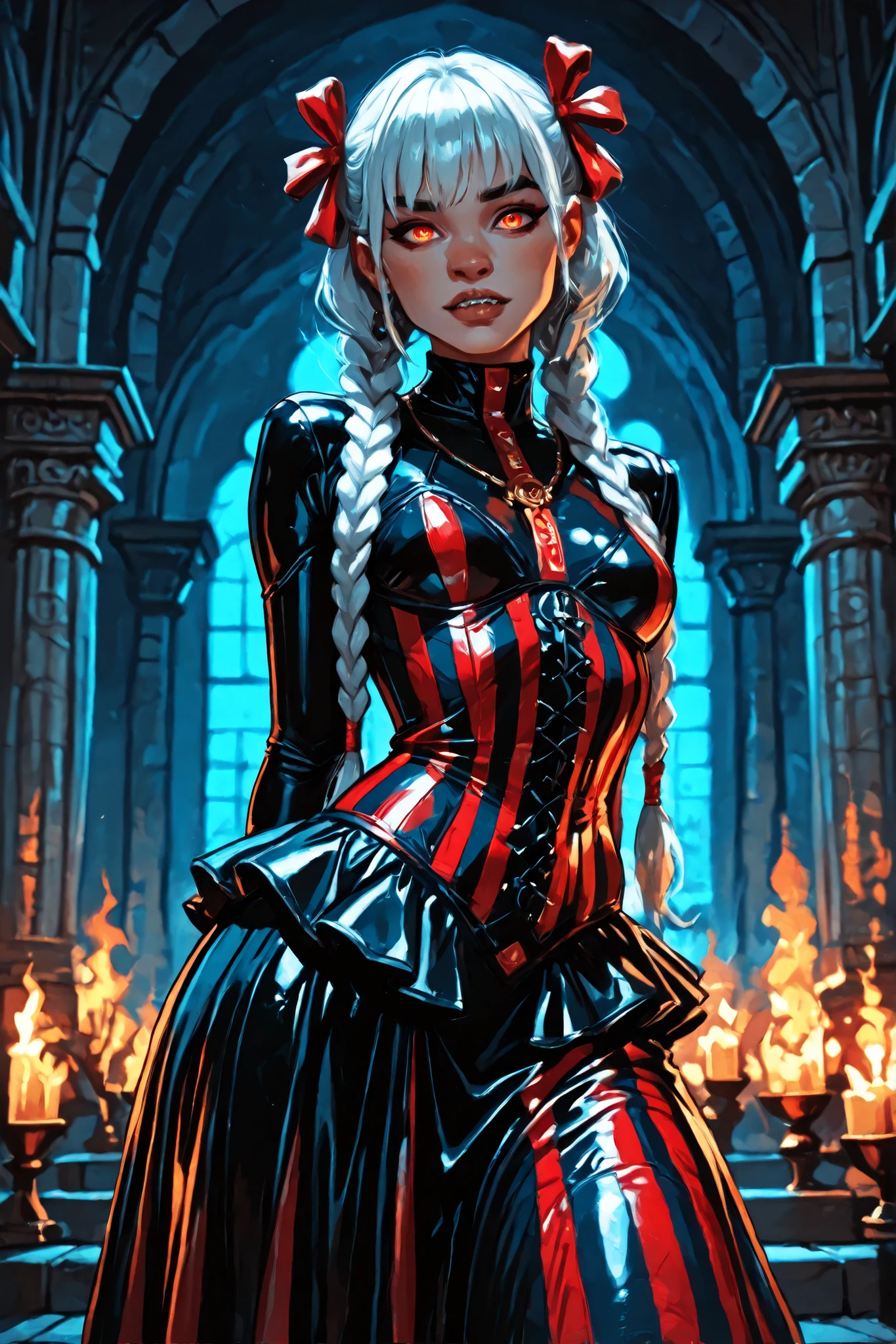 Drawn like the artist Bob Kehl. Phaedra from Fortnite with white and dark hair, deep red-coloured eyes, slanted big eyes, with sharp teeth, athletic body and abs. Darker skin colour. Slender and athletic. Cute, round and young face. White highlights in her hair. She wears Aztec black snake-leather dress with snakeskin-texture. She also wears an amber necklace. She has small . Atmospheric lighting. She looks like Wednesday Adams. Box-art. DnD-art-style, Looking at the viewer. Oil painting. Sepia filter. Less colour. Semi-realistic style. Background: medieval aztec ruin