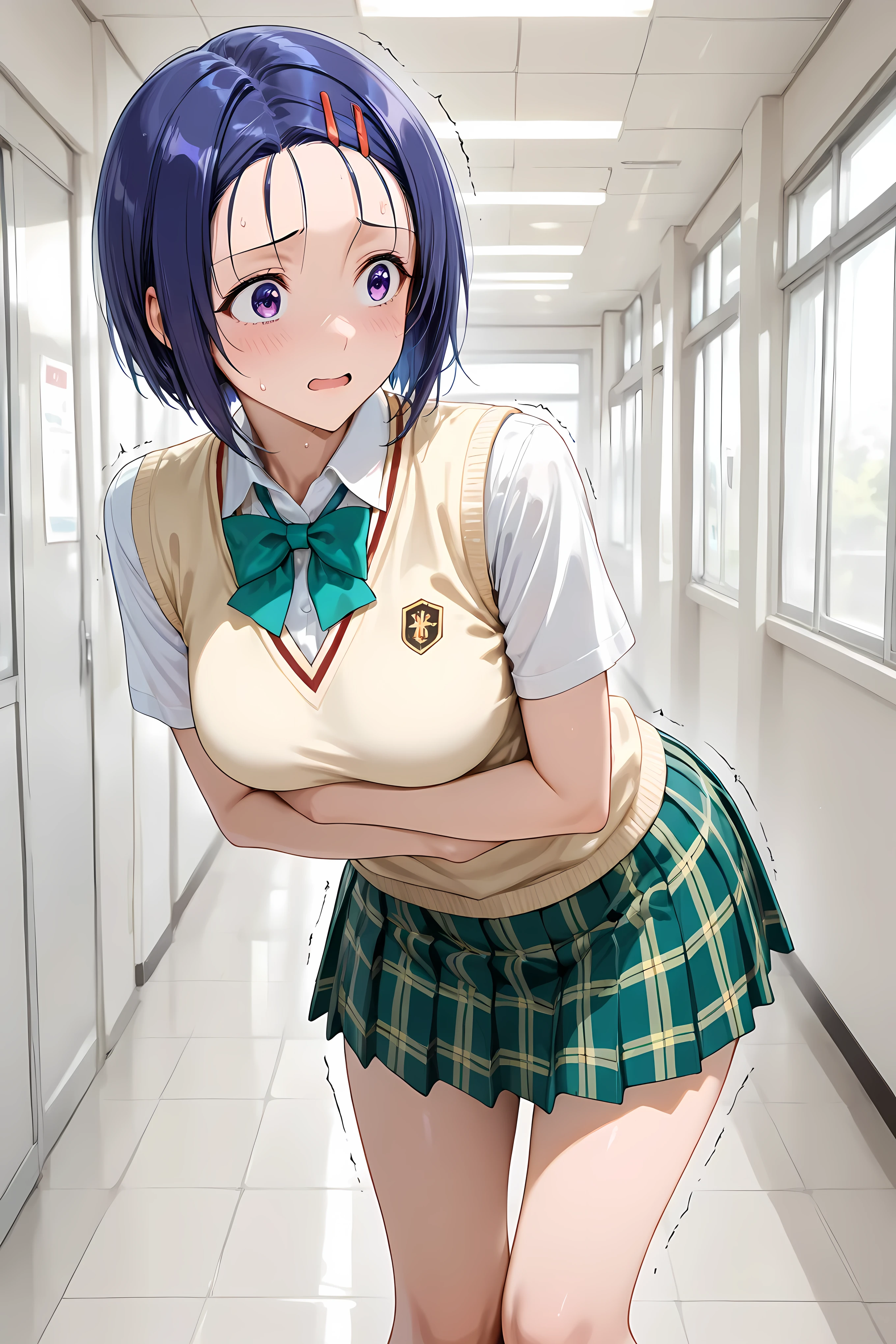 Sairenji Haruna, short hair,blue hair,hair ornament,hairclip,forehead,purple eyes, school uniform,sweater vest,yellow vest,white shirt,collared shirt,green bowtie,short sleeves,medium breasts,miniskirt,green skirt,plaid skirt,pleated skirt, half body shot, Solo,

Solo, general, masterpiece, highres, ultra-detailed, hyper-detailed, best quality,  amazing quality, very aesthetic, best hands, best eyes, best hand
adult woman, 1woman, hand on own stomach, sweat,  leaning forward, nervous, scared, trembling legs, white school hallway