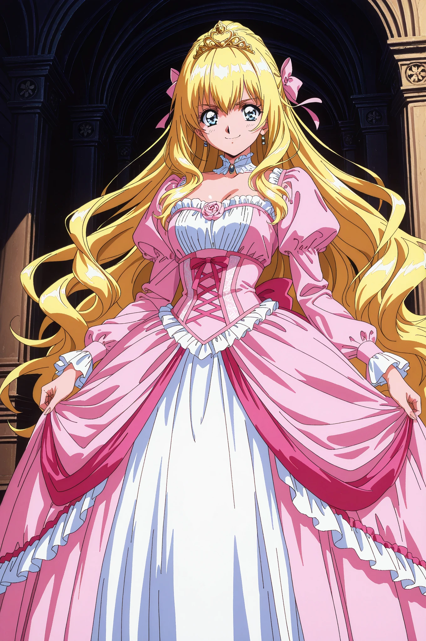 1 girl,solo,masterpiece,最High Quality,High Quality,Shogun,high resolution,Super Detailed,very beautiful,exquisite,absurd,Bleed Ultra Details from the Greatest Skill,Best Eyes,Perfect Anatomy,イージーネガティブ BREAK, ribbon, hair ribbon, hair bow, blue eyes, Bang, purple eyes,, 1990s \(style\),Anime Coloring, BREAK, masterpiece, 最High Quality, absurd, OFFICIAL ART, Official Style, Cute Princess, she's smiling,((pink silk satin victorian style large ball gown dress.:1.0)),short,long sleeve,ドレスにはたくさんのフリルとribbonが飾られている., have waist-length blonde wavy long hair,they wear a princess tiara on their heads,In a gorgeous European rococo palace,