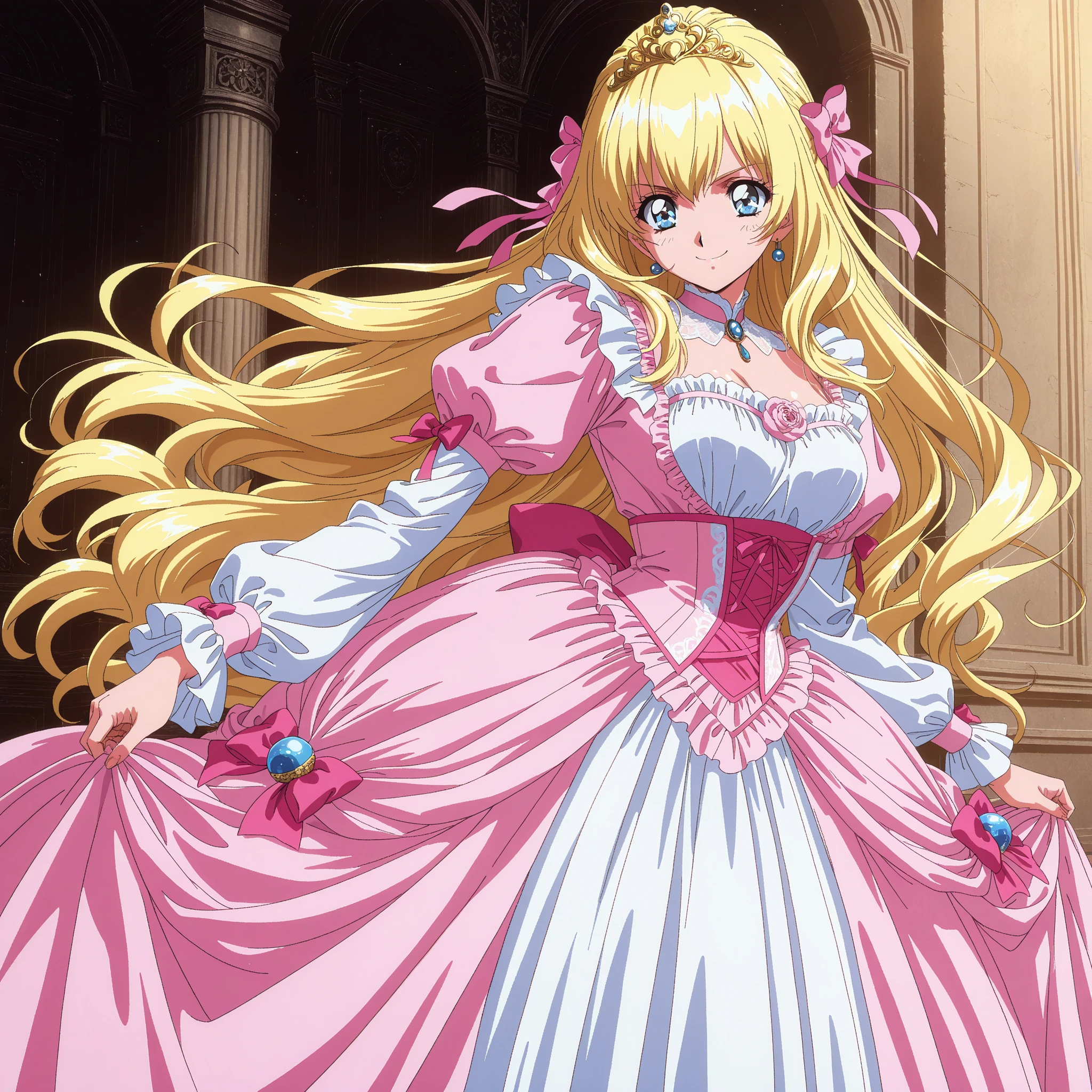 1 girl,solo,masterpiece,最High Quality,High Quality,Shogun,high resolution,Super Detailed,very beautiful,exquisite,absurd,Bleed Ultra Details from the Greatest Skill,Best Eyes,Perfect Anatomy,イージーネガティブ BREAK, ribbon, hair ribbon, hair bow, blue eyes, Bang, purple eyes,, 1990s \(style\),Anime Coloring, BREAK, masterpiece, 最High Quality, absurd, OFFICIAL ART, Official Style, Cute Princess, she's smiling,((pink silk satin victorian style large ball gown dress.:1.0)),short,long sleeve,ドレスにはたくさんのフリルとribbonが飾られている., have waist-length blonde wavy long hair,they wear a princess tiara on their heads,In a gorgeous European rococo palace,