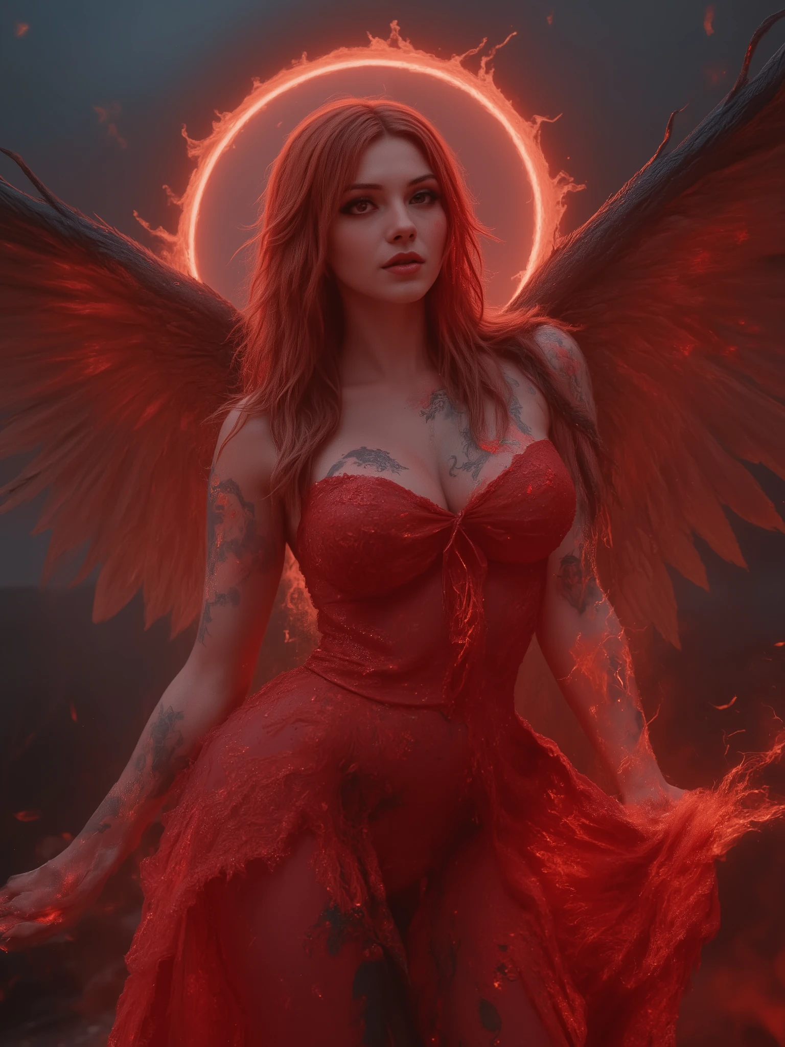 Detailed proportions and textures and multi-color with  in the style if dmai that presents a semi-realistic illustration a ornate hyper real of horrific disaster modern gothic style of  a otherworldly  female fatale with striking, large wings. The wings are predominantly black with vibrant red accents, creating a dramatic contrast. The figure stands in a powerful pose, wearing an erotic flowing red gown with intricate designs that enhances her beauty snd shows ample cleavage from her 34 dd breasts. Her skin is pale, and she has long, dark hair cascading down her shoulders. A glowing red halo hovers above her head, adding a mystical element. Redblack energies swirl and crackle around her as if alive  and resembBle flames. The background is a moody, Eldritch cloudy sky with hints of alien mountains in the distance, enhancing the ethereal and otherworldly atmosphere of the scene. The Red Angel of slaughter is slatong her bloodlust and her perfect form is killing everybody, tattoos that made her look like she has phoenix feathers cover her body, s. very balanced saturation in the color palettes very defined (Color with monochorome intense shaded tones and shine, tone red 25% + yellow 25% + blue 25% + biofluorescent 12.5%+ transparency 12.5%. Aesthetic fusion by (Fibonacci ratio. A poupée realiste of a sucubo. female (Including a variety of pink skin and beige-dark tones that give it contrast and shine) character type. Fluid texture of fine, thin fabric that molds to your body . Haute couture photoshoot (in high quality of full body). Sharp Highly DetailedAlberto Vargas, Greg Rutkowsk art style fusion. 
