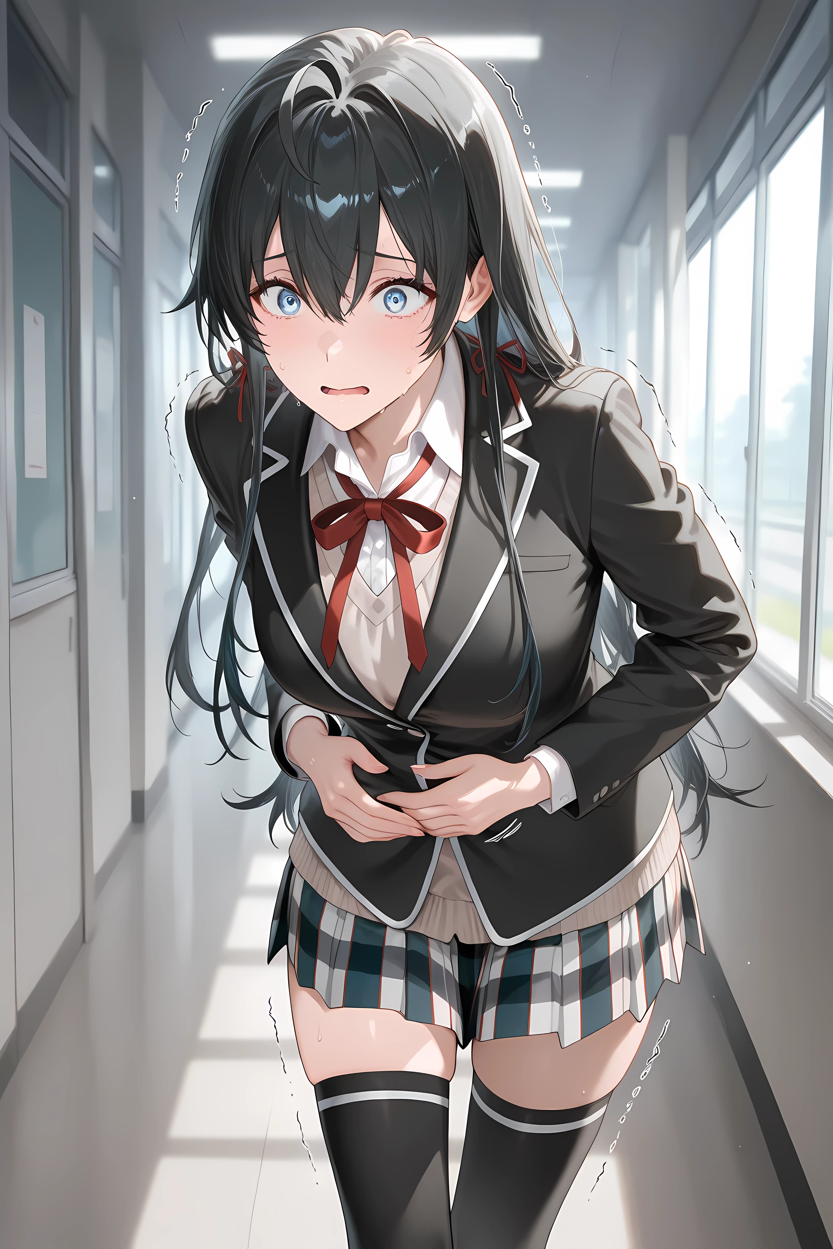 long hair, black hair, blue eyes, hair between eyes, ahoge, hair ribbon,black jacket, collared shirt, white shirt, light brown sweater, neck ribbon, red ribbon, long sleeves, plaid skirt, pleated skirt, multicolored skirt, black thighhighs, ,Solo, general, masterpiece, highres, ultra-detailed, hyper-detailed, best quality, amazing quality, very aesthetic, best hands, best eyes, best hand
adult woman, 1woman, hand on own stomach, sweat, leaning forward, nervous, scared, trembling legs, school hallway