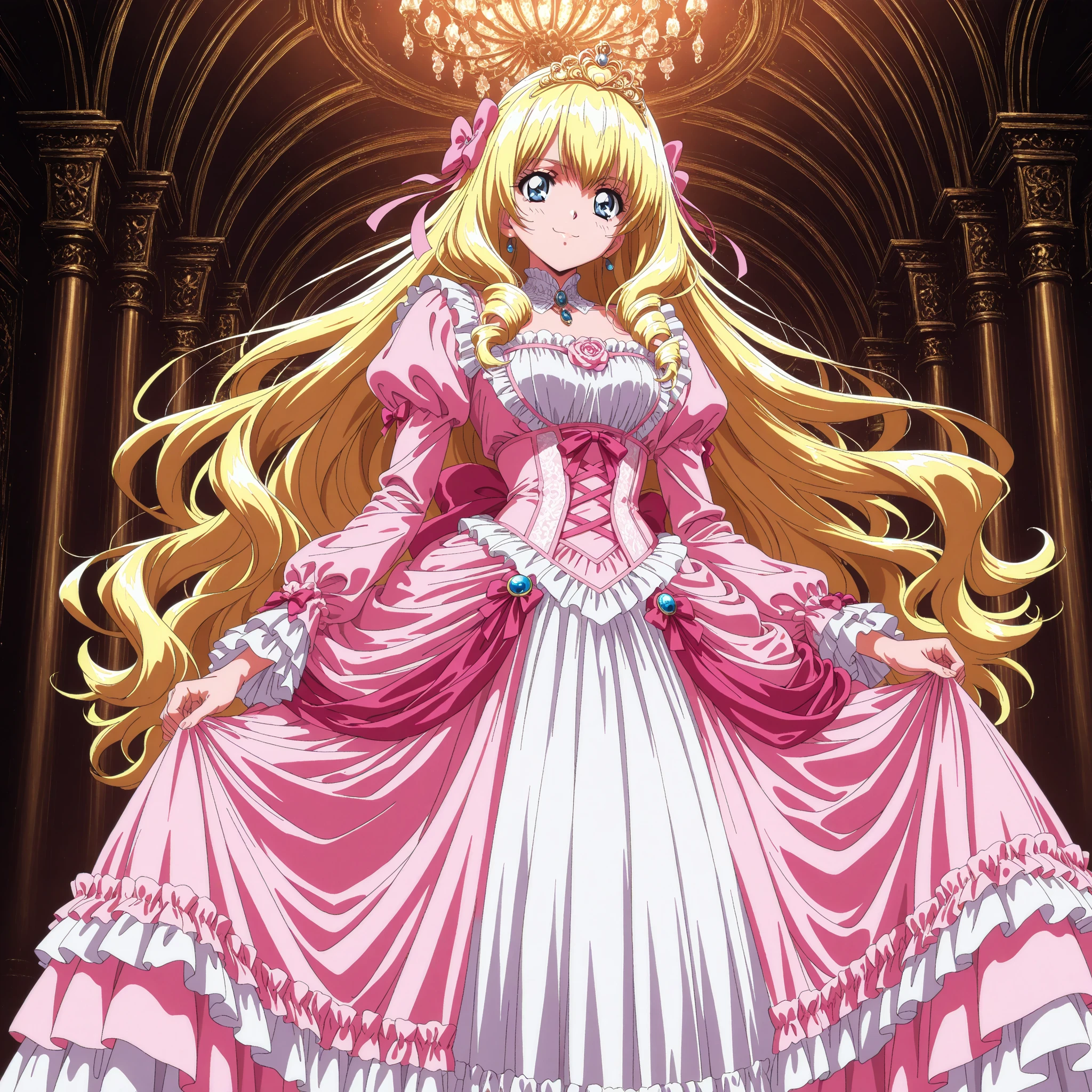 1 girl,solo,masterpiece,最High Quality,High Quality,Shogun,high resolution,Super Detailed,very beautiful,exquisite,absurd,Bleed Ultra Details from the Greatest Skill,Best Eyes,Perfect Anatomy,イージーネガティブ BREAK, ribbon, hair ribbon, hair bow, blue eyes, Bang, purple eyes,, 1990s \(style\),Anime Coloring, BREAK, masterpiece, 最High Quality, absurd, OFFICIAL ART, Official Style, Cute Princess, she's smiling,((pink silk satin victorian style large ball gown dress.:1.0)),short,long sleeve,ドレスにはたくさんのフリルとribbonが飾られている., have waist-length blonde wavy long hair,they wear a princess tiara on their heads,In a gorgeous European rococo palace,