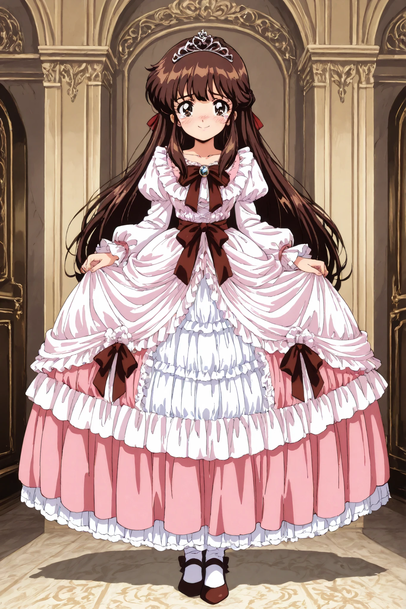 you,dark brown eyes,Dark Brown Hair,long hair,I tied my hair with a thin red ribbon,sublabial sulcus,Nose Shadow,Lower lip shadow,masterpiece,Highest Quality,Great Quality,score_9, score_8_up, score_7_up, Source_anime,retro art style,1 girl,solo,smile,teary eyes,Shy,Full Body, masterpiece, Highest Quality, absurd, OFFICIAL ART, Official Style, Cute Princess, she's smiling,((pink silk satin victorian style large ball gown dress.:1.0)),short,long sleeve,The dress is decorated with lots of ruffles and bows., 腰まで届くブロンドのウェーブlong hair,they wear a princess tiara on their heads,In a gorgeous European rococo palace,