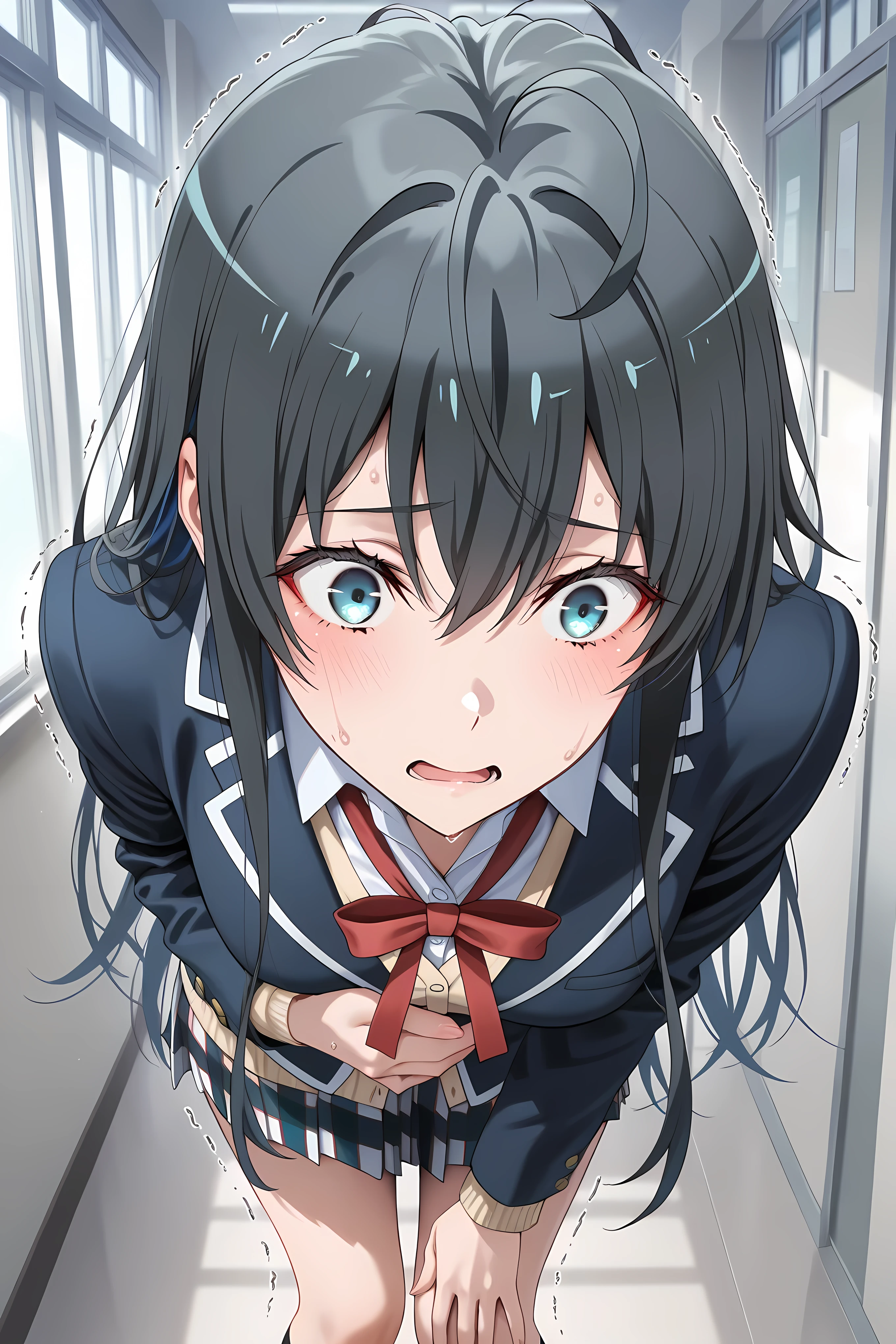 yukino yukinoshita, black hair, blue eyes, long hair, ahoge,,blazer, cardigan, jacket, plaid, plaid skirt, school uniform, skirt, sobu high school uniform,,Solo, general, masterpiece, highres, ultra-detailed, hyper-detailed, best quality, amazing quality, very aesthetic, best hands, best eyes, best hand
adult woman, 1woman, hand on own stomach, sweat, leaning forward, nervous, scared, trembling legs, school hallway