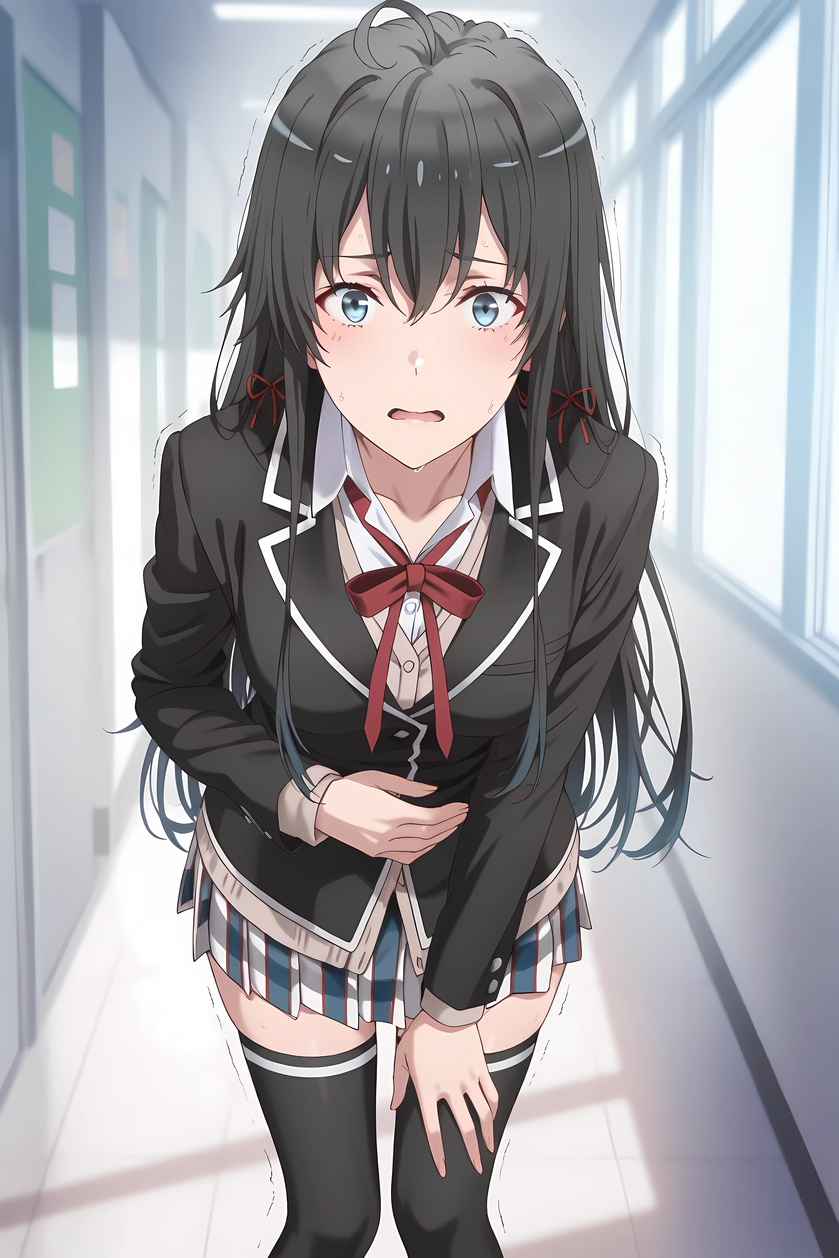 <lora:ORG_yukino yukinoshita:0.6>yukino yukinoshita,long hair,black hair,gradient hair,blue eyes,hair ribbon,ahoge,small breasts,,sobu high school uniform,black jacket,skirt,black thighhighs,brown cardigan,, ,Solo, general, masterpiece, highres, ultra-detailed, hyper-detailed, best quality, amazing quality, very aesthetic, best hands, best eyes, best hand
adult woman, 1woman, hand on own stomach, sweat, leaning forward, nervous, scared, trembling legs, school hallway