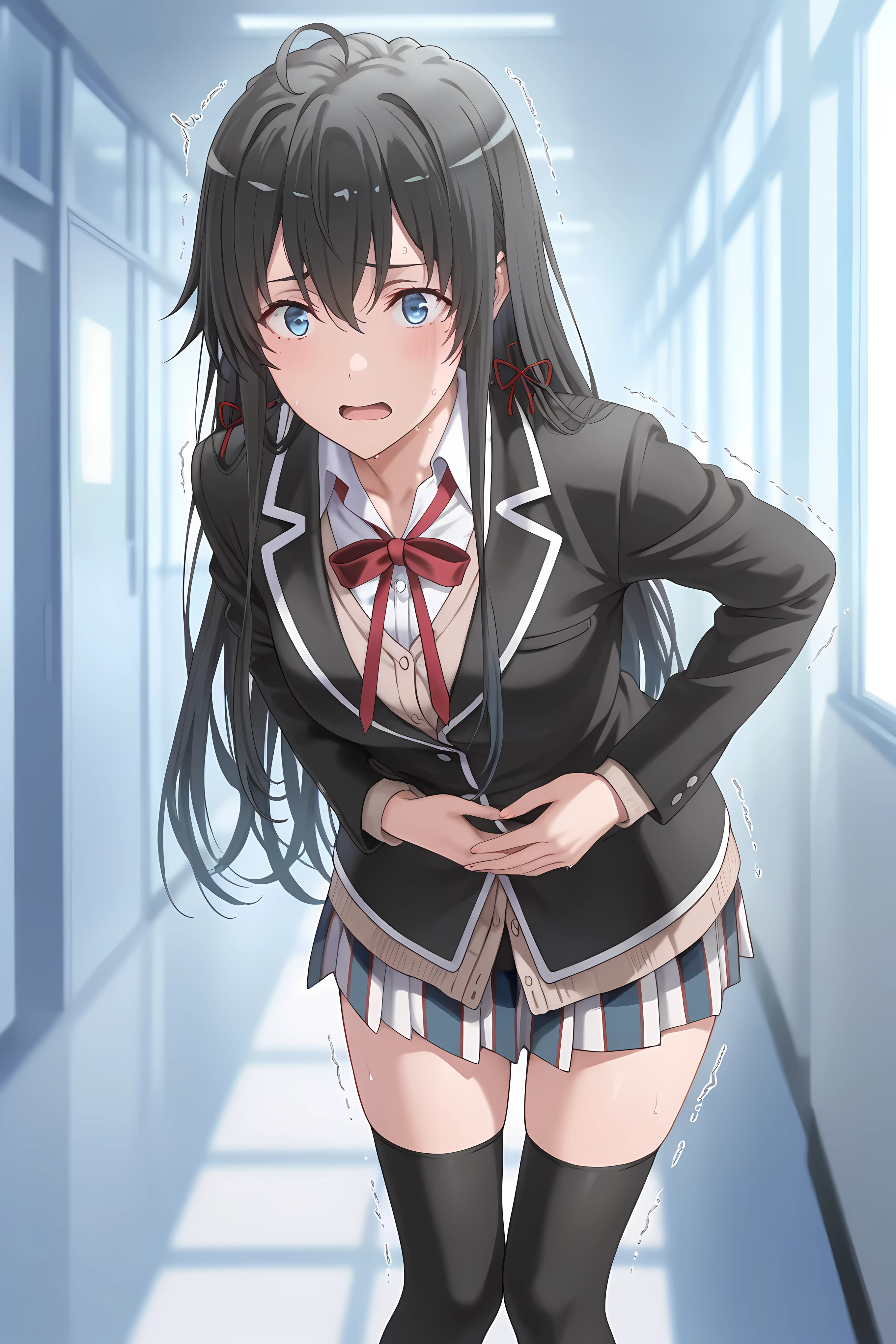 <lora:ORG_yukino yukinoshita:0.6>yukino yukinoshita,long hair,black hair,gradient hair,blue eyes,hair ribbon,ahoge,small breasts,,sobu high school uniform,black jacket,skirt,black thighhighs,brown cardigan,, ,Solo, general, masterpiece, highres, ultra-detailed, hyper-detailed, best quality, amazing quality, very aesthetic, best hands, best eyes, best hand
adult woman, 1woman, hand on own stomach, sweat, leaning forward, nervous, scared, trembling legs, school hallway