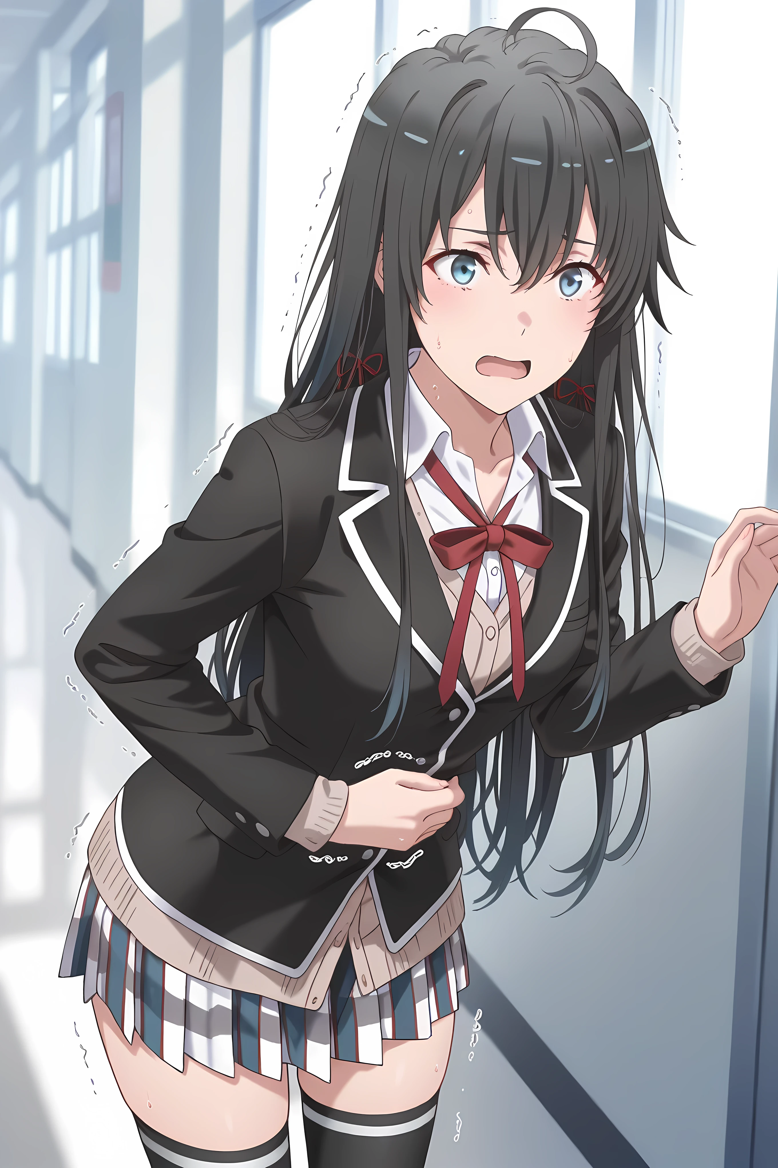 <lora:ORG_yukino yukinoshita:0.6>yukino yukinoshita,long hair,black hair,gradient hair,blue eyes,hair ribbon,ahoge,small breasts,,sobu high school uniform,black jacket,skirt,black thighhighs,brown cardigan,, ,Solo, general, masterpiece, highres, ultra-detailed, hyper-detailed, best quality, amazing quality, very aesthetic, best hands, best eyes, best hand
adult woman, 1woman, hand on own stomach, sweat, leaning forward, nervous, scared, trembling legs, school hallway