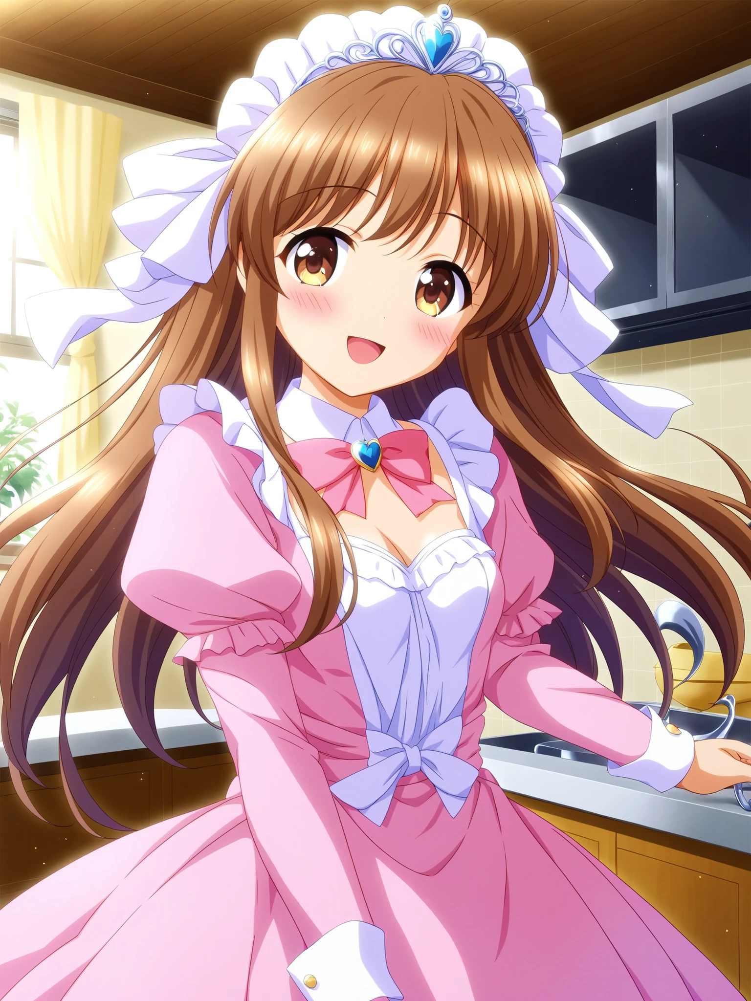 Fujieda Honami, Alone, (cowboy shot), brown eyes, yellow eyes, brown hair , Bang, side lock, long hair, bungs, single bungs, (blush:1.2), (bright smiles:1.2), (kitchen), score_9, score_8_Superior, score_7_Superior, Source_anime, (Highest Quality:1.2), 細部までこだわったanime, high quality , full color, 8k, high resolution, masterpiece,Highest Quality,absurd, OFFICIAL ART, Official Style, Cute Princess, she's smiling,((pink silk satin victorian style large ball gown dress.:1.0)),short,long sleeve,The dress is decorated with lots of ruffles and bows., 腰まで届くブロンドのウェーブlong hair,they wear a princess tiara on their heads,In a gorgeous European rococo palace,