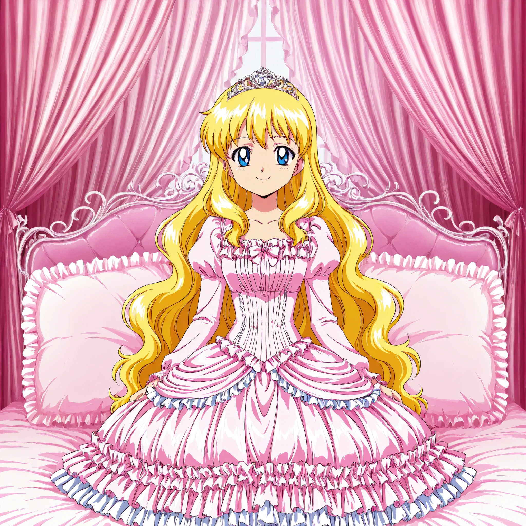 Far Distance,masterpiece, very beautiful, (Anime Coloring, anime screenshot), OFFICIAL ART, illustration, 1990's Anime Style,
1girl, masterpiece, Highest Quality, absurd, OFFICIAL ART, Official Style, Cute Princess, she's smiling,((pink silk satin victorian style large ball gown dress.:1.0)),short,long sleeve,The dress is decorated with lots of ruffles and bows., have waist-length blonde wavy long hair,They wear a princess tiara on their heads Luxury,((Palace Bedroom)),Large Victorian Canopy Bed on the Back,Pink Silk Satin Sheets,((Soft Duvet,Round and bulging Soft Duvet,Ruffle Comforter:1.0)),Silk Satin Ruffle Pillow,Lots of Frilled Pillows on the Bed,
