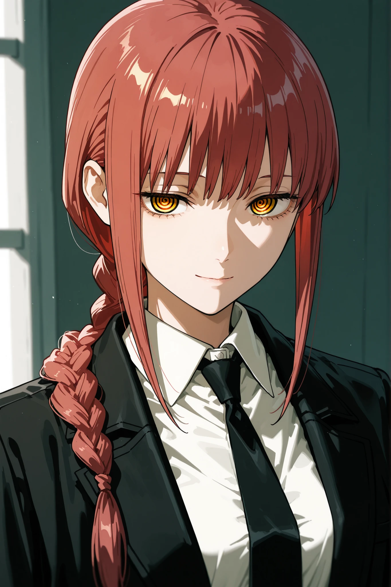 makima, braided ponytail,solo,black necktie,collard shirt,shirt,white shirt,black suit,light smile,ringed eyes