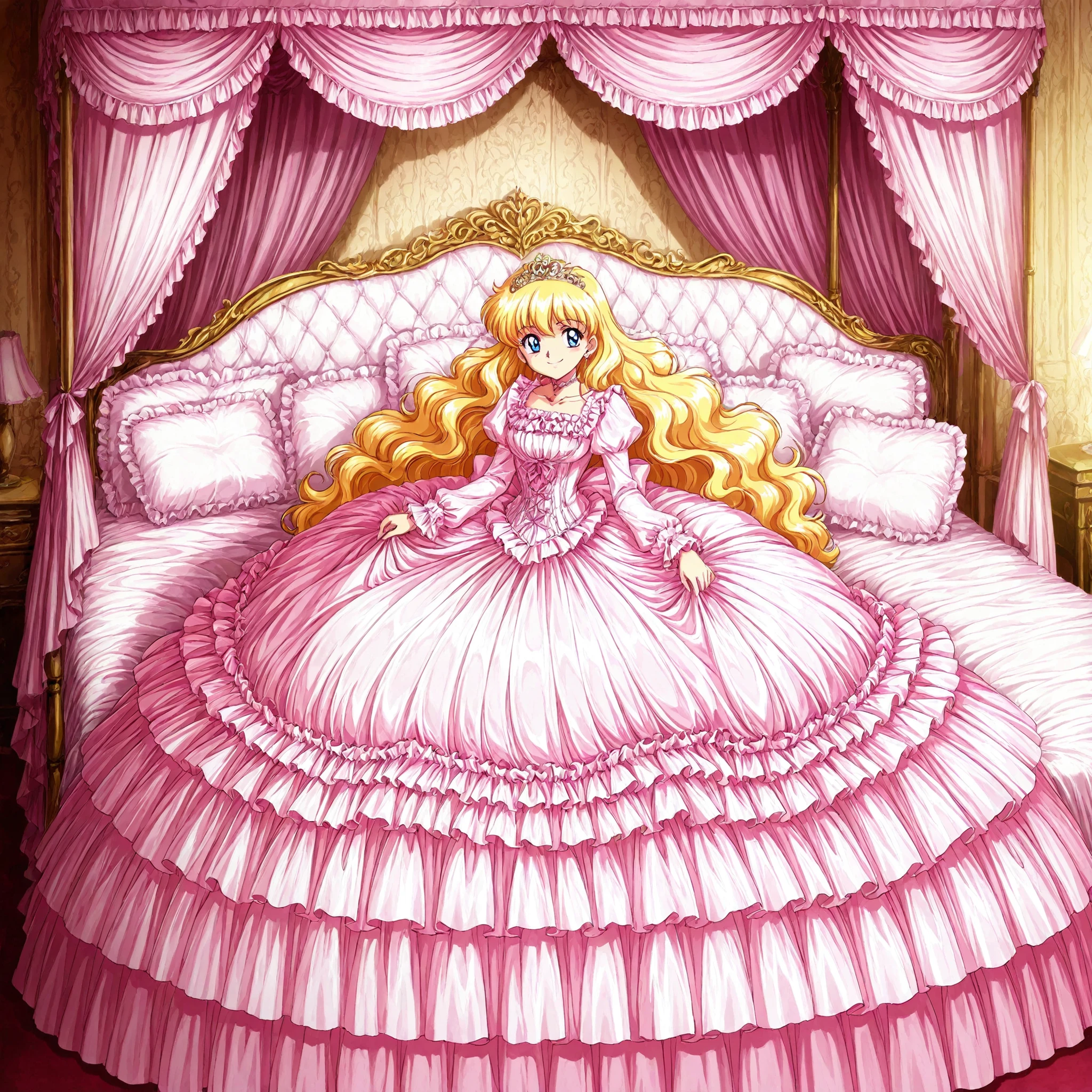 Far Distance,masterpiece, very beautiful, (Anime Coloring, anime screenshot), OFFICIAL ART, illustration, 1990's Anime Style,
1girl, masterpiece, Highest Quality, absurd, OFFICIAL ART, Official Style, Cute Princess, she's smiling,((pink silk satin victorian style large ball gown dress.:1.0)),short,long sleeve,The dress is decorated with lots of ruffles and bows., have waist-length blonde wavy long hair,They wear a princess tiara on their heads Luxury,((Palace Bedroom)),Large Victorian Canopy Bed on the Back,Pink Silk Satin Sheets,((Soft Duvet,Round and bulging Soft Duvet,Ruffle Comforter:1.0)),Silk Satin Ruffle Pillow,Lots of Frilled Pillows on the Bed,
