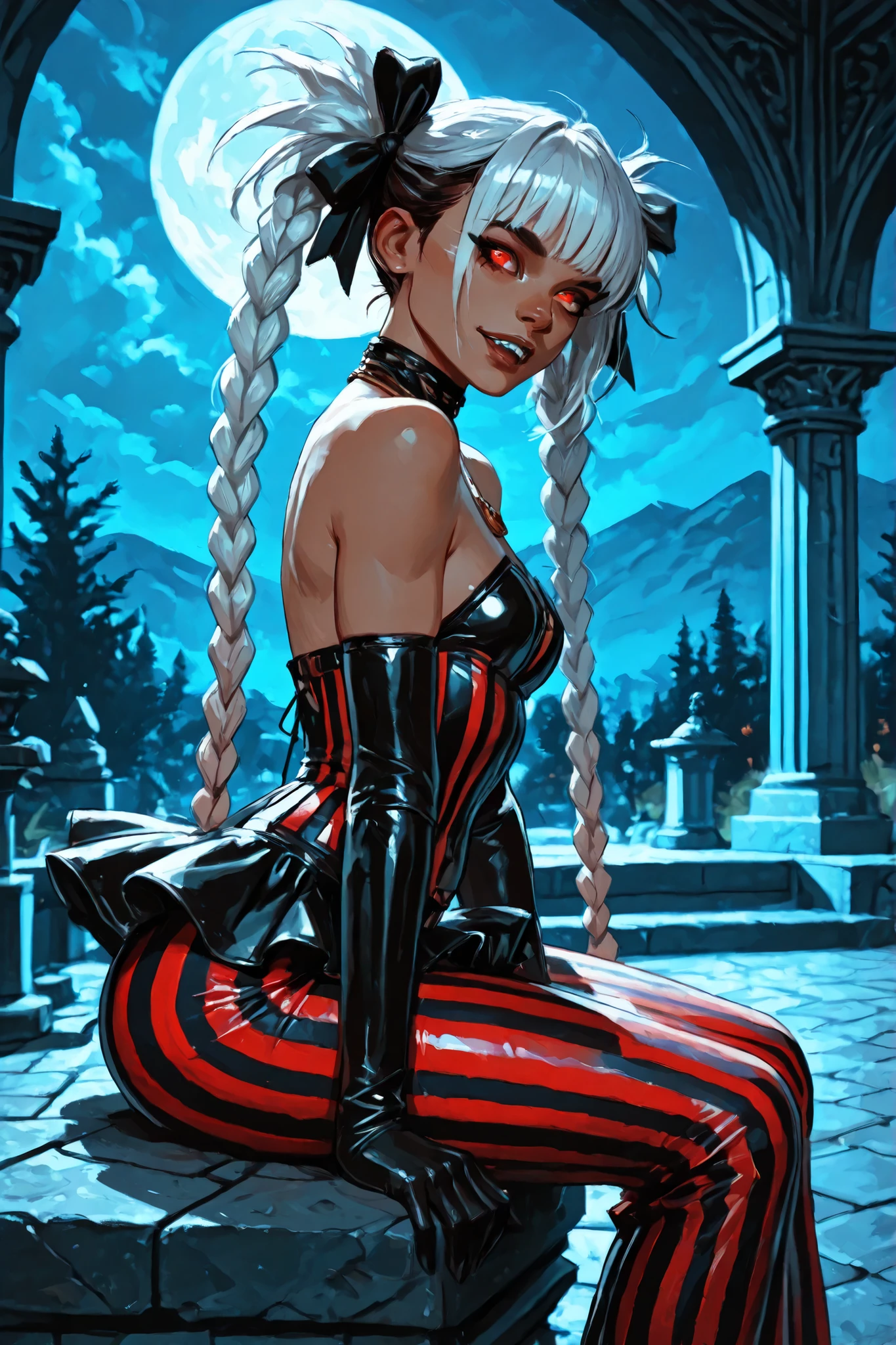 Drawn like the artist Bob Kehl. Phaedra from Fortnite with white and dark hair, deep red-coloured eyes, slanted big eyes, with sharp teeth, athletic body and abs. Darker skin colour. Slender and athletic. Cute, round and young face. White highlights in her hair. She wears Aztec black snake-leather dress with snakeskin-texture. She also wears an amber necklace. She has small . Atmospheric lighting. She looks like Wednesday Adams. Box-art. DnD-art-style, Looking at the viewer. Oil painting. Sepia filter. Less colour. Semi-realistic style. Background: medieval aztec ruin