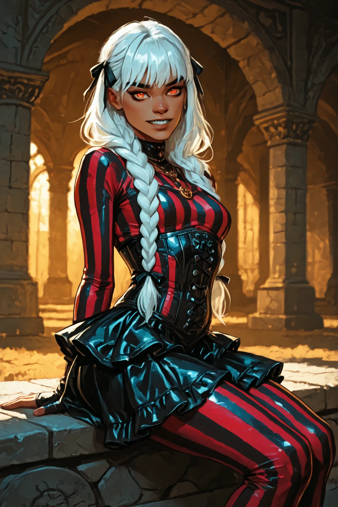 Drawn like the artist Bob Kehl. Phaedra from Fortnite with white and dark hair, deep red-coloured eyes, slanted big eyes, with sharp teeth, athletic body and abs. Slender and athletic. Cute, round and young face. White highlights in her hair. She wears Aztec black snake-leather dress with snakeskin-texture. She also wears an amber necklace. She has small . Atmospheric lighting. She looks like Wednesday Adams. Box-art. DnD-art-style, Looking at the viewer. Oil painting. Sepia filter. Less colour. Semi-realistic style. Background: medieval aztec ruin