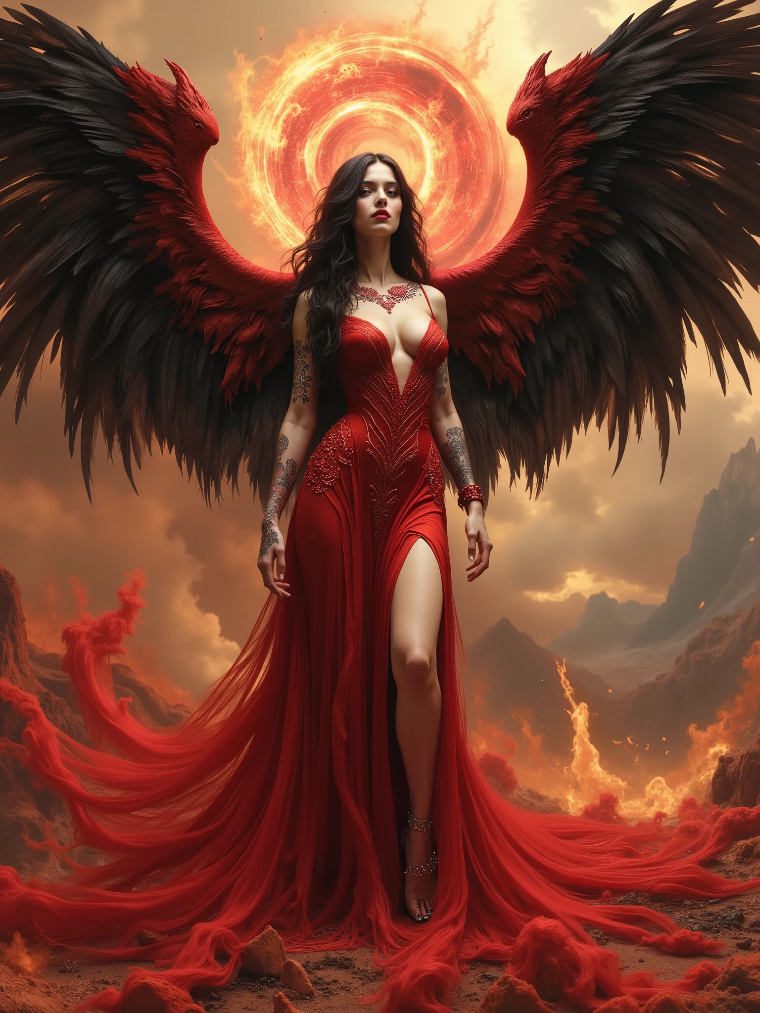 Detailed proportions and textures and multi-color with  in the style if dmai that presents a semi-realistic illustration a ornate hyper real of horrific disaster modern gothic style of  a otherworldly  female fatale with striking, large wings. The wings are predominantly black with vibrant red accents, creating a dramatic contrast. The figure stands in a powerful pose, wearing an erotic flowing red gown with intricate designs that enhances her beauty snd shows ample cleavage from her 34 dd breasts. Her skin is pale, and she has long, dark hair cascading down her shoulders. A glowing red halo hovers above her head, adding a mystical element. Redblack energies swirl and crackle around her as if alive  and resembBle flames. The background is a moody, Eldritch cloudy sky with hints of alien mountains in the distance, enhancing the ethereal and otherworldly atmosphere of the scene. The Red Angel of slaughter is slatong her bloodlust and her perfect form is killing everybody, tattoos that made her look like she has phoenix feathers cover her body, s. very balanced saturation in the color palettes very defined (Color with monochorome intense shaded tones and shine, tone red 25% + yellow 25% + blue 25% + biofluorescent 12.5%+ transparency 12.5%. Aesthetic fusion by (Fibonacci ratio. A poupée realiste of a sucubo. female (Including a variety of pink skin and beige-dark tones that give it contrast and shine) character type. Fluid texture of fine, thin fabric that molds to your body . Haute couture photoshoot (in high quality of full body). Sharp Highly DetailedAlberto Vargas, Greg Rutkowsk art style fusion. 
