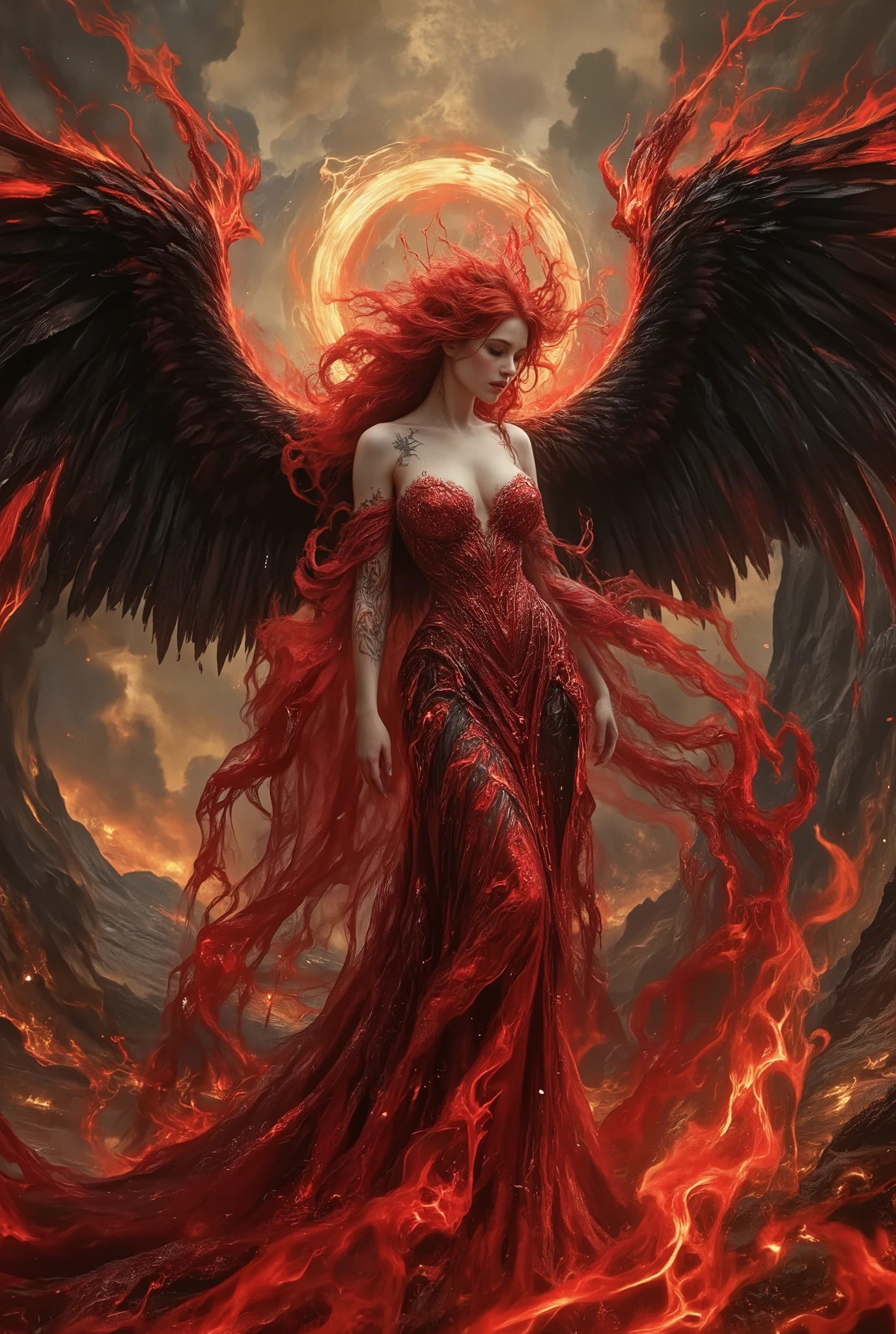 Detailed proportions and textures and multi-color with in the style if dmai that presents a semi-realistic illustration a ornate hyper real of horrific disaster modern gothic style of a otherworldly female fatale with striking, large wings. The wings are predominantly black with vibrant red accents, creating a dramatic contrast. The figure stands in a powerful pose, wearing an erotic flowing red gown with intricate designs that enhances her beauty snd shows ample cleavage from her 34 dd breasts. Her skin is pale, and she has long, crimson hair like flames cascading down her shoulders. A glowing red halo hovers above her head, adding a mystical element. Redblack energies swirl and crackle around her as if alive and resembBle flames. The background is a moody, Eldritch cloudy sky with hints of alien mountains in the distance, enhancing the ethereal and otherworldly atmosphere of the scene. The Red Angel of slaughter is slatong her bloodlust and her perfect form is killing everybody, tattoos that made her look like she has phoenix feathers cover her body, s. very balanced saturation in the color palettes very defined (Color with monochorome intense shaded tones and shine, tone red 25% + yellow 25% + blue 25% + biofluorescent 12.5%+ transparency 12.5%. Aesthetic fusion by (Fibonacci ratio. A poupée realiste of a sucubo. female (Including a variety of pink skin and beige-dark tones that give it contrast and shine) character type. Fluid texture of fine, thin fabric that molds to your body . Haute couture photoshoot (in high quality of full body). Sharp Highly DetailedAlberto Vargas, Greg Rutkowsk art style fusion.