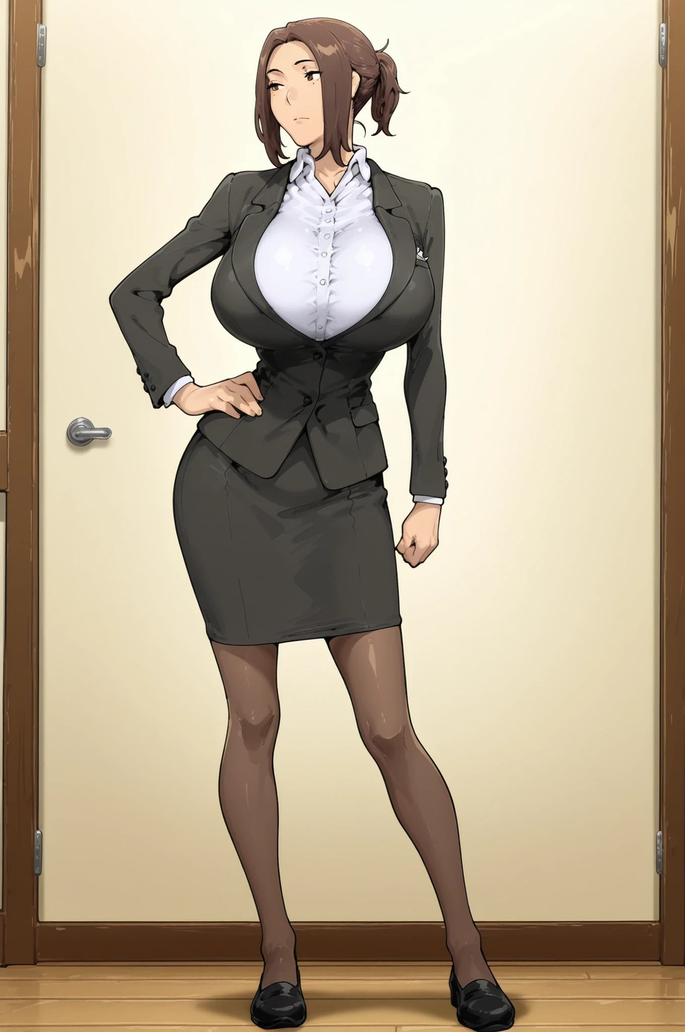 mtsp_kyouka,brown hair,large breasts,mature female,short ponytail,(full body,straight-on,contrapposto),{artstyle: (((iwao178,S4s4k1Nsfw,zenless zone zero,[Yoneyama Mai,]))),nia (nia4294),modare,baffu},simple shading,((cel shading,anime coloring,anime screencap,cinematic)), masterpiece, best quality, amazing quality,milf,motherly,mature female,(1girl,solo),((bursting breasts,perky breasts)), narrow waist, slim body,buttons,dark brown hair, brown eyes, black suit, suit, suit jacket, white shirt,plunging neckline, collared shirt, skirt suit, office l,ady,teacher,,mole_under_eye,((hand on own hip)), arms at sides,simple background,border,looking to the side,
