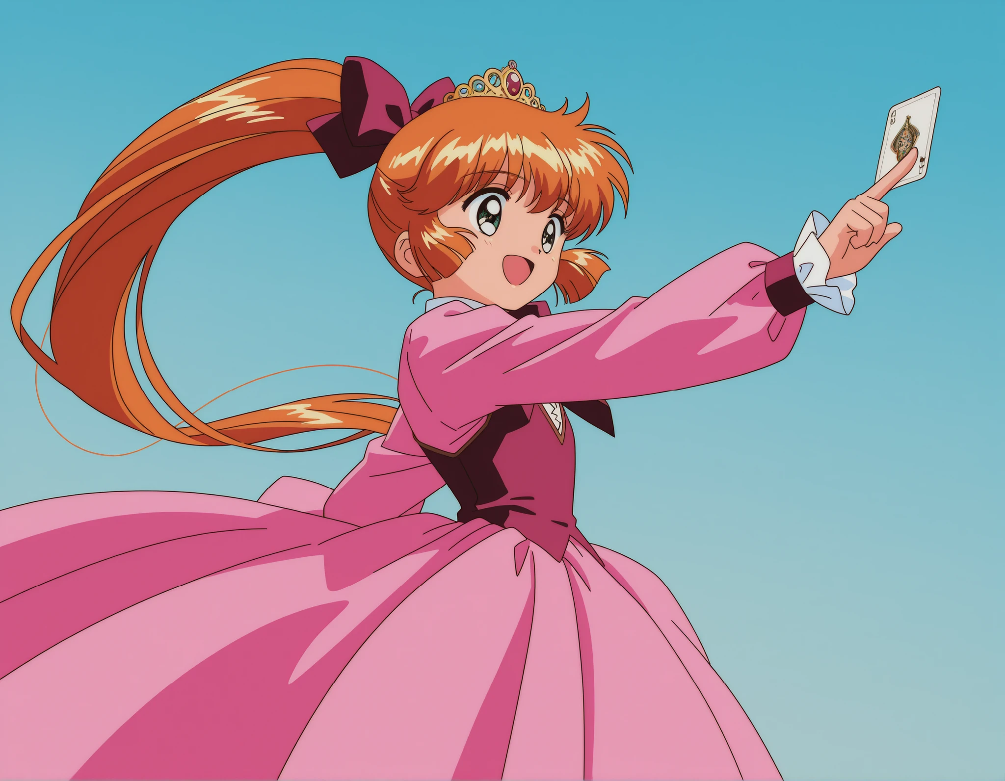 score_9, score_8_up, score_7_up,anime coloring,masterpiece, Highest Quality, Source_anime,OFFICIAL ART,perfect_ ,1990s_\(style\),Retro_Art Style,BREAK,nsfw,magician,Saint Tale,1girl,solo,12 years old,long hair,orange hair,ponytail,BREAK,BREAK,(look away,smile,open mouth),per card,Flying,Dynamic action,BREAK,cowboy shot,(sidemap:1.5), Cute Princess, young,she's smiling,((pink silk satin victorian style large ball gown dress.:1.0)),short,long sleeve,The dress is decorated with lots of ruffles and bows., 腰まで届くブロンドのウェーブlong hair,they wear a princess tiara on their heads,In a gorgeous European rococo palace,