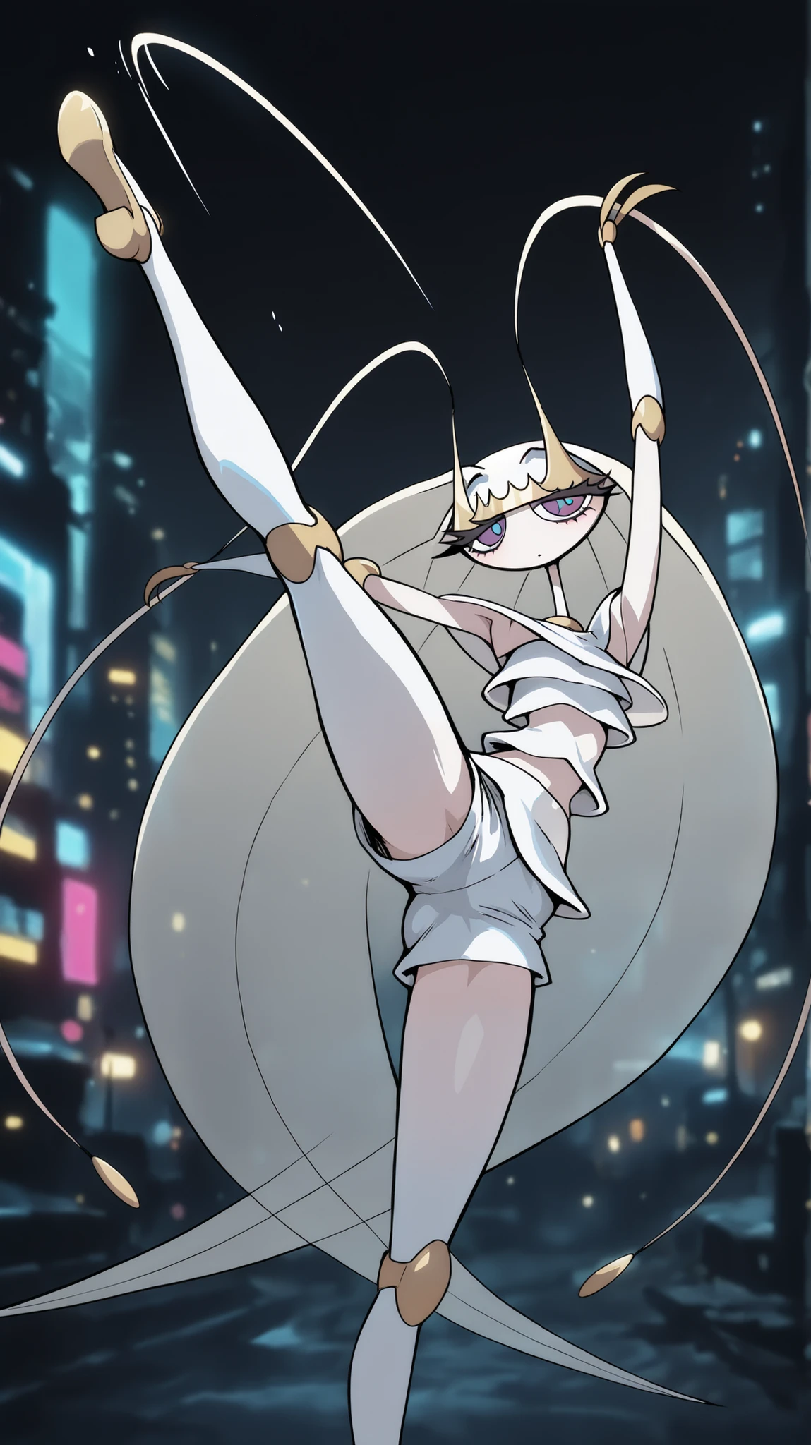 Pheromosa from Pokemon, White Body,Thin Waist, Very Thin Waist, Wasp Waist, Solo,vibrant colors, cel shading, Simplistic Art Style, solo,jumping kick,(acrobat:1.3),{cyberpunk background}