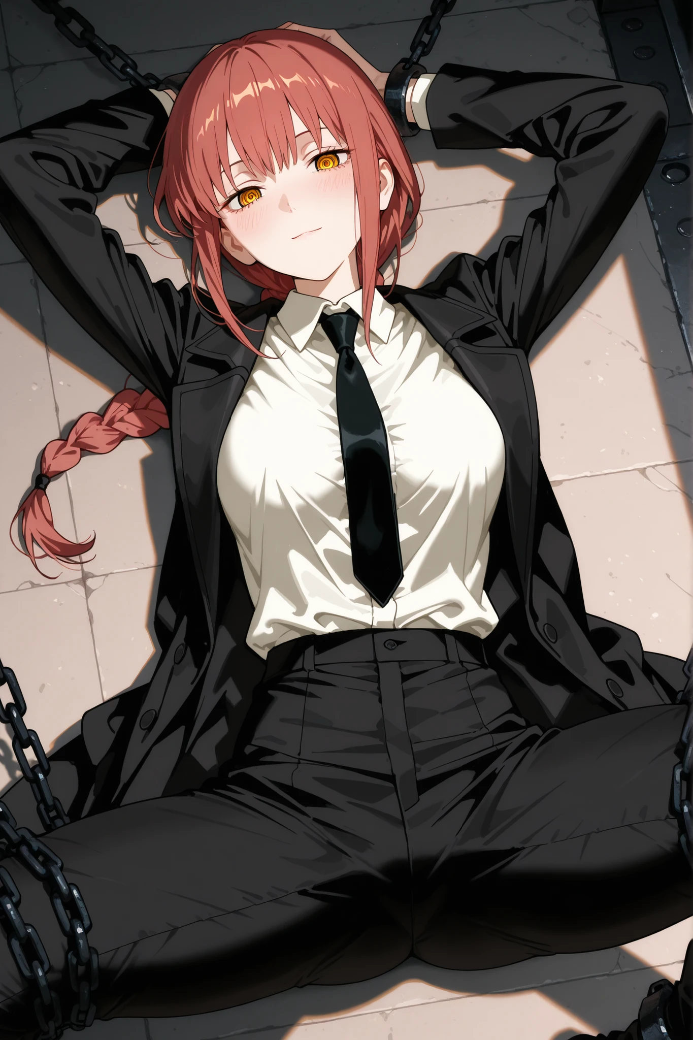 makima, braided ponytail,solo,black necktie,collard shirt,shirt,white shirt,black suit,black pants,light smile,ringed eyesSeen from the front,long eyelashesh,Blush,is staring at viewers,attractive thighs with beautiful patterns, dim light,  want to escape, on the ground, from above, , seducative face, blush, looking at viewers, put your hands behind your head,hands tied by chain, chained, spread legs, legs tied by chain, she keep calm under pressure