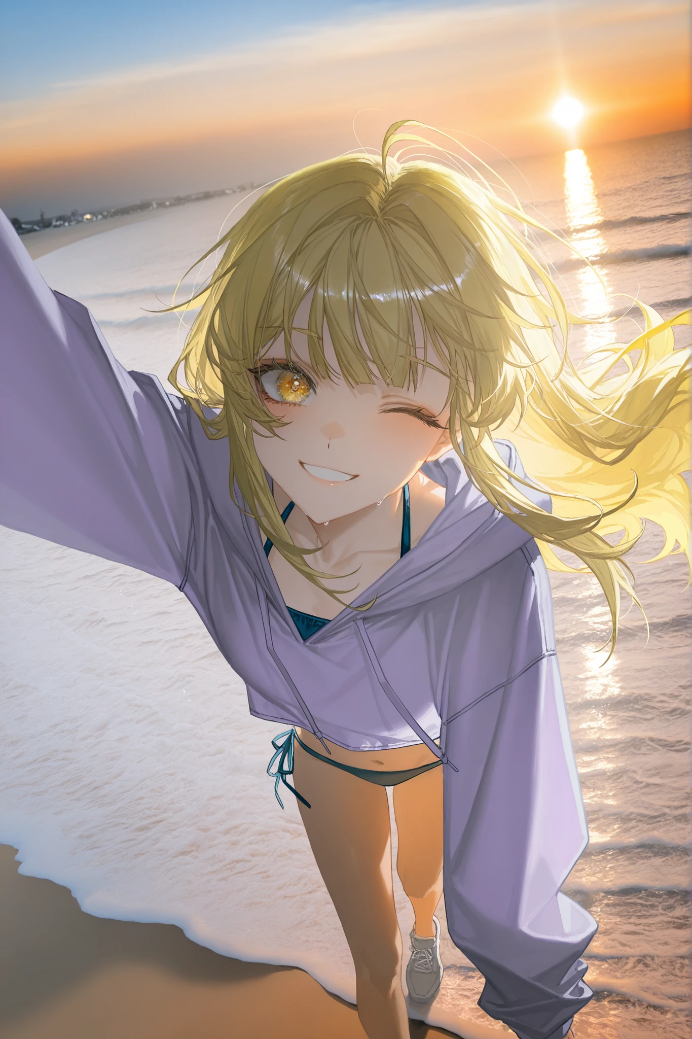 yoyi,(golden eyes,cream Ivory-color pupils,tareme,delicate eyebrows，Thin eyebrows,one eye closed),(subtle smile,happy,joyful,innocent),(pure yellow hair,long hair),(halter top bikini:white,light-purple hoodie,cover hair),highres,absurdres,incredibly absurdres,very awa,masterpiece,best quality,amazing quality,absurdres, newest,,weak light,orange dusk,plain beach,white beach,walking on beach,rainy sky,ray tracing,photo background,Visual impact,Emotionalization,impactful picture,fierce gale strong wind sprang up，blowing wind，extreme aesthetic,line art(,rei \(sanbonzakura\):0.8),(ciloranko:0.7),(artist:quasarcake:0.8),(wlop:0.7),extreme aesthetic,(quasarcake:0.7),Visual impact,ultra-high resolution,32K UHD,unconventional supreme masterpiece,masterful details, high-end texture,masterful details,intricate details,high contrast,natural skin,official art,wide-angle shot,Ultra-wide-angle shot,Ultra-wide-angle lens,Ultra-wide-angle photography,in the style of fashion photography,shot from above,stretching out