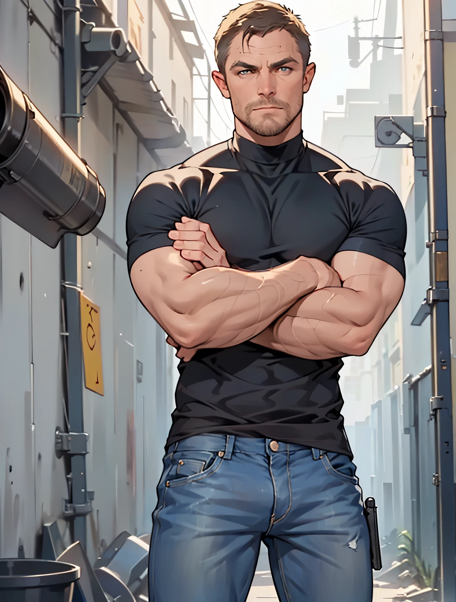 1 man, male focus solo,45 yo man,Stephen AMELL as private investigator, lean muscle, shirtless, blue jeans pants ,(bulge), full body shot, dark blond short hair, well groomed facial hair, (((crossed arms , holding firearm in each hand as james bond style))) , ultra high quality, masterpiece, (dark blue, blue , kaki and white paint arabesques in the blackground)