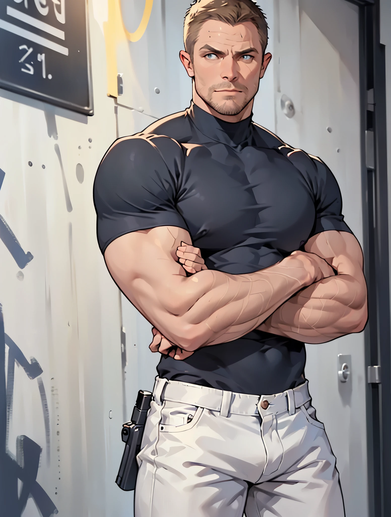 1 man, male focus solo,45 yo man,Stephen AMELL as private investigator, lean muscle, shirtless, blue jeans pants ,(bulge), full body shot, dark blond short hair, well groomed facial hair, (((crossed arms , holding firearm in each hand as james bond style))) , ultra high quality, masterpiece, (dark blue, blue , kaki and white paint arabesques in the blackground)