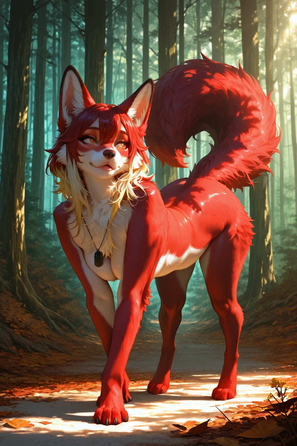 kimiko, , multi tail, multiple tails, fox girl
white body, fur, pink and red hair, pink eyes
 mark,  tattoo, eye scar, tied hair, ponytail, by fumiko, by hyattlen, flat colors, she is squatting, outdoors, 