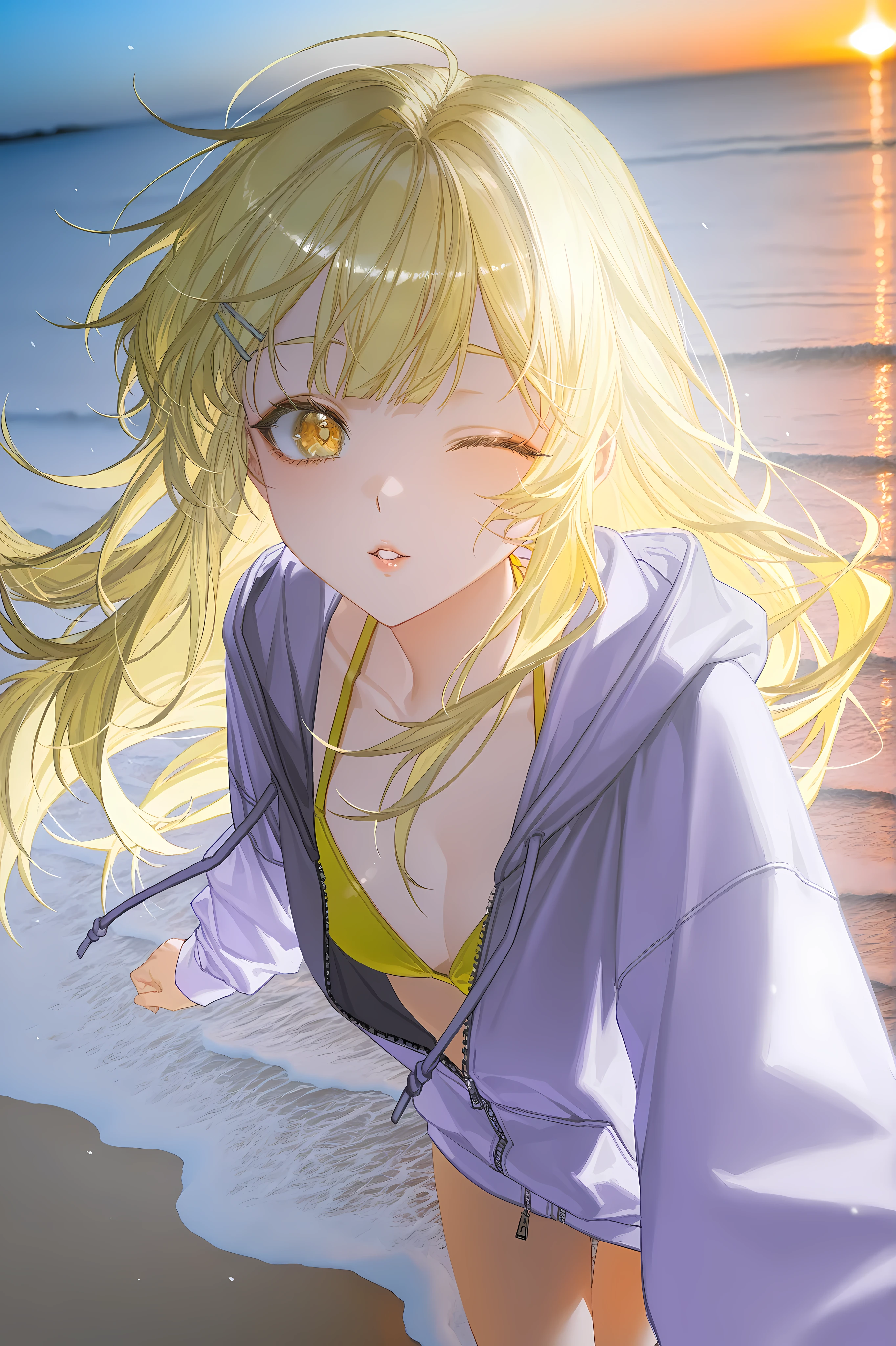 yoyi,(golden eyes,cream Ivory-color pupils,tareme,delicate eyebrows，Thin eyebrows,one eye closed),(lips ajar,parted lips,happy,joyful,innocent),(pure yellow hair,long hair),(halter top bikini:white,light-purple hoodie,cover hair),highres,absurdres,incredibly absurdres,very awa,masterpiece,best quality,amazing quality,absurdres, newest,,weak light,orange dusk,plain beach,white beach,walking on beach,rainy sky,ray tracing,photo background,Visual impact,Emotionalization,impactful picture,fierce gale strong wind sprang up，blowing wind，extreme aesthetic,line art(,rei \(sanbonzakura\):0.8),(ciloranko:0.7),(artist:quasarcake:0.8),(wlop:0.7),extreme aesthetic,(quasarcake:0.7),Visual impact,ultra-high resolution,32K UHD,unconventional supreme masterpiece,masterful details, high-end texture,masterful details,intricate details,high contrast,natural skin,official art,wide-angle shot,Ultra-wide-angle shot,Ultra-wide-angle lens,Ultra-wide-angle photography,in the style of fashion photography,shot from above,stretching out