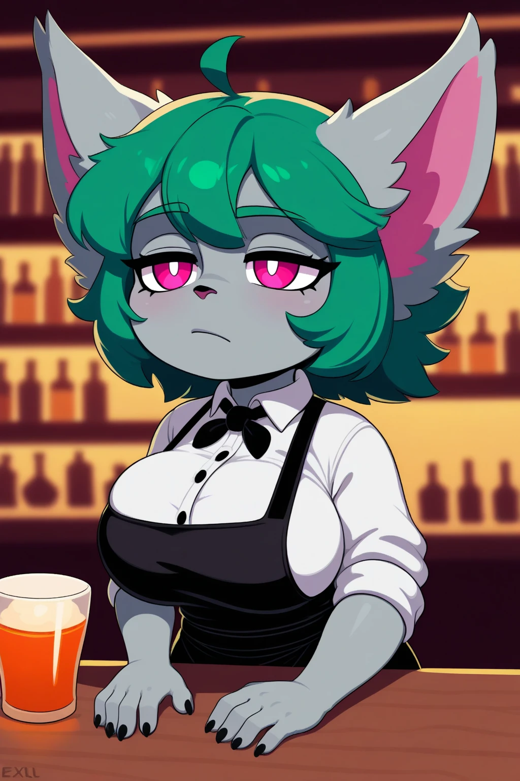 [Ivy Pepper], [Lackadaisy], [Uploaded to e621.net; (Pixelsketcher), (wamudraws)}, ((masterpiece)), ((HD)), ((high res)), ((solo portrait)), ((full body)), ((back view)), ((furry; anthro)), ((detailed fur)), ((detailed shading)), ((beautiful render art)), ((intricate details)), {anthro cat; brown fur, black nose, (whiskers), (long cat tail), (cute yellow eyes), (short eyelashes), short brown hair, curly ponytail, ( ), (beautiful legs), (blushing), (cute grin), (excited expression)}, {(yellow open-back sleeveless dress showing her  )}, {(standing), (looking back at viewer)}, [background; (bar), (barista bar), (window), (nighttime), (starry sky), (full moon), (ambient lighting)]